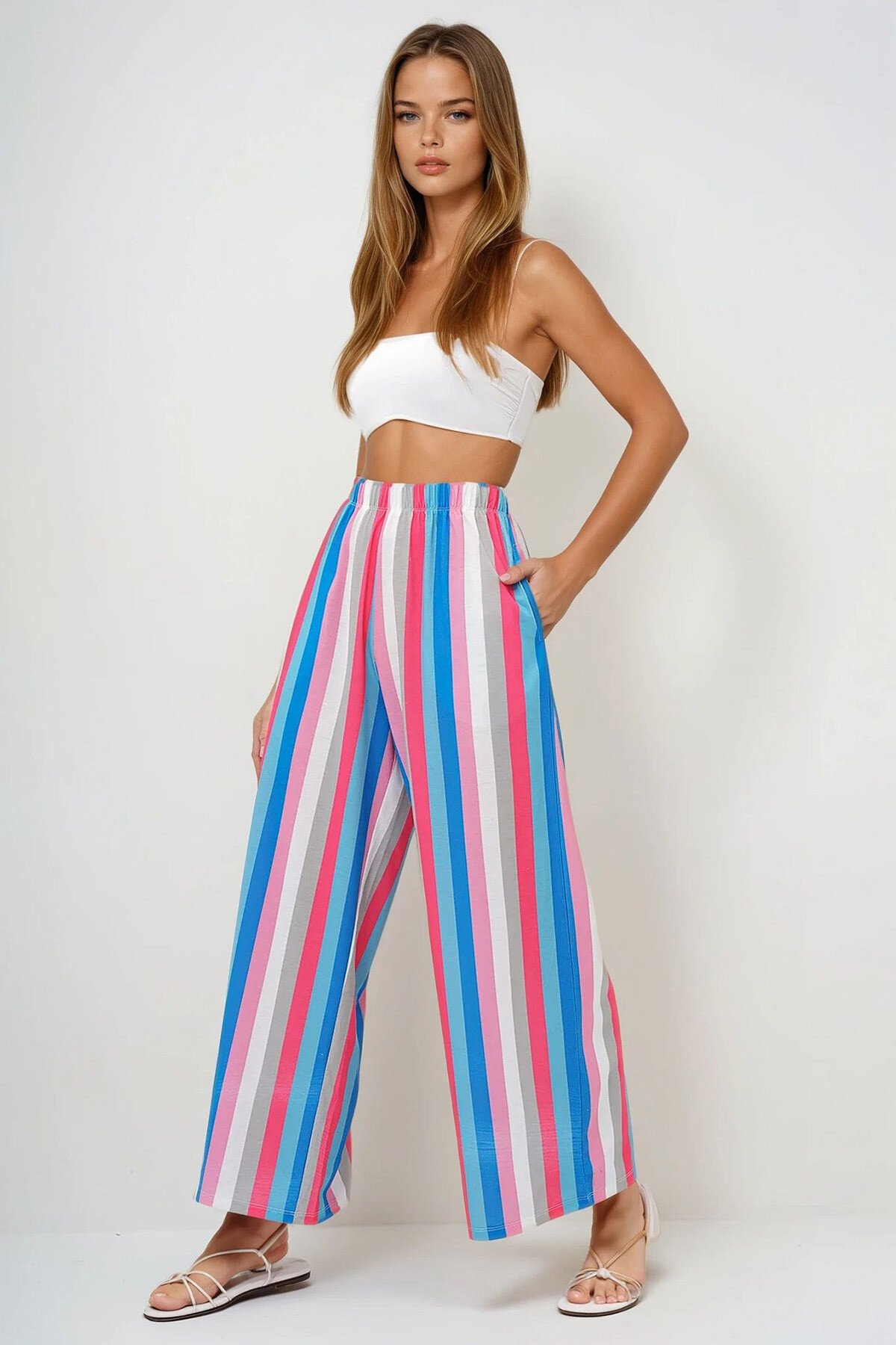 Pembe Mavi Çift Cepli Çizgi Desenli Geniş Paça Yazlık Pantolon