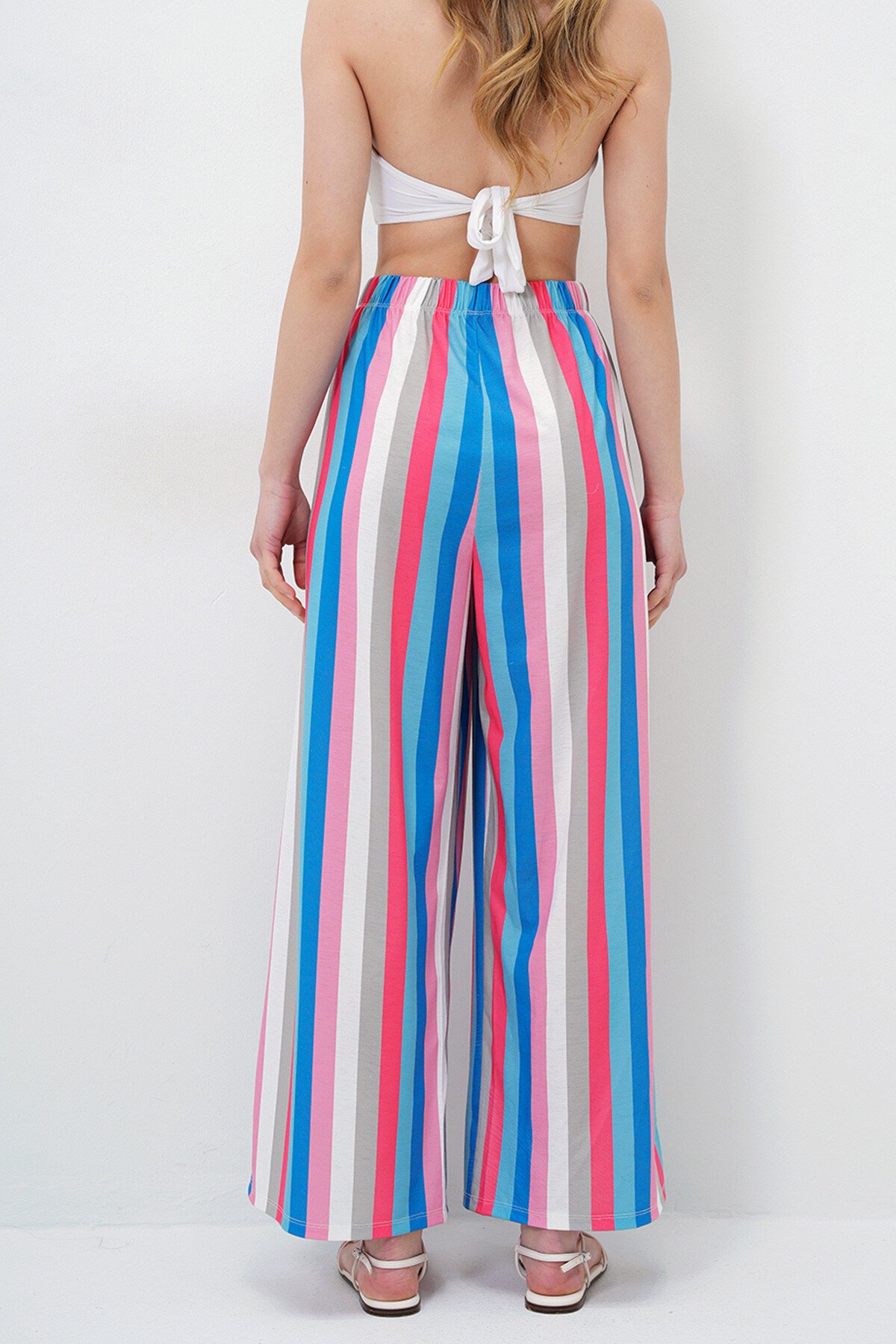 Pembe Mavi Çift Cepli Çizgi Desenli Geniş Paça Yazlık Pantolon