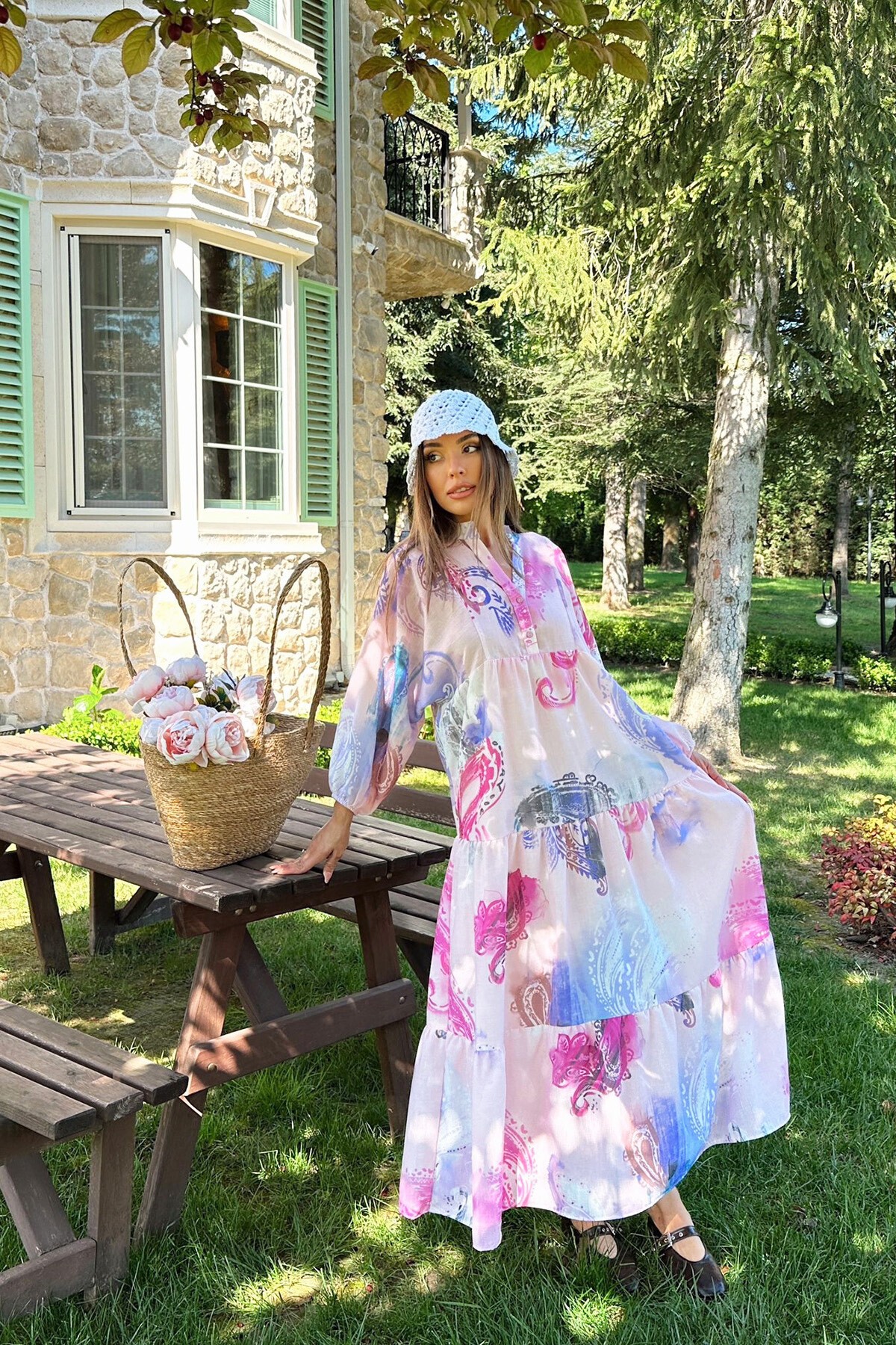 Pembe Renk Bloklu Hakim Yaka Yarım Patlı Maxi Boy Keten Elbise