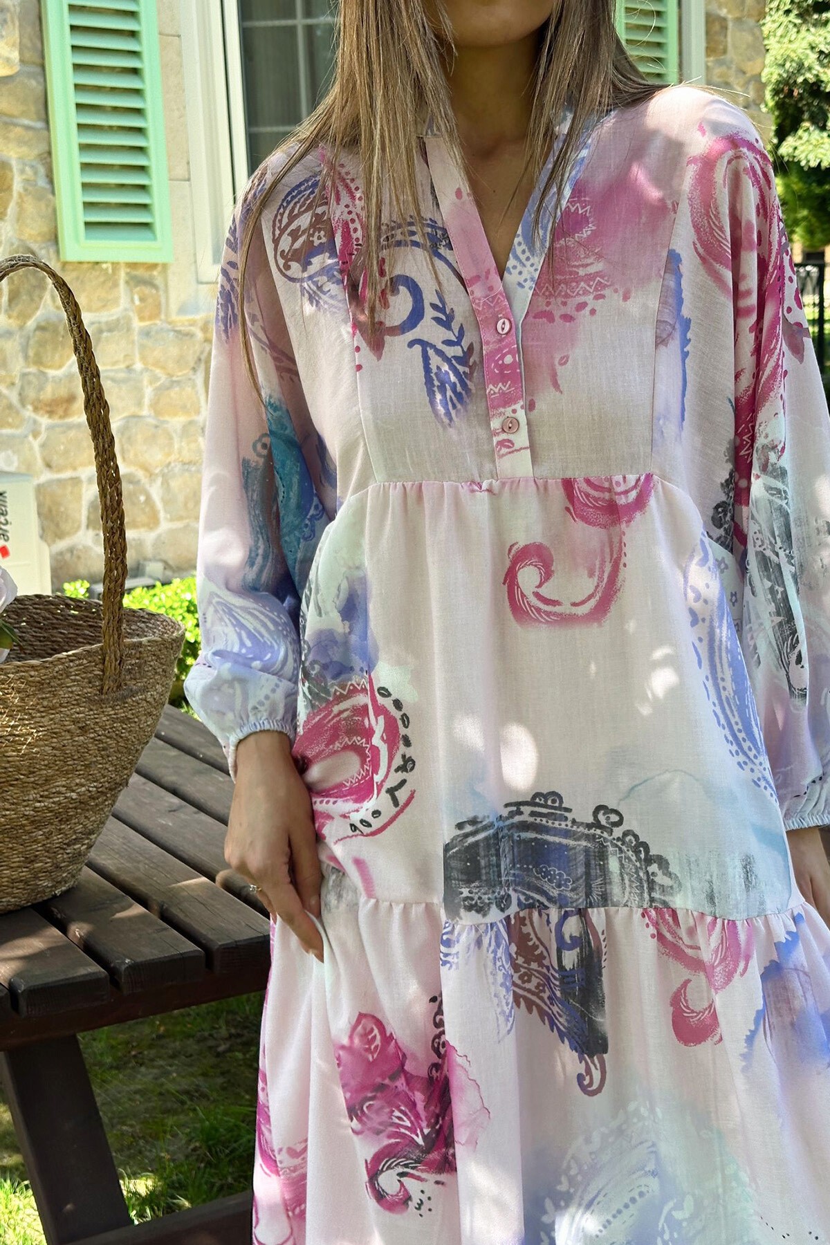 Pembe Renk Bloklu Hakim Yaka Yarım Patlı Maxi Boy Keten Elbise