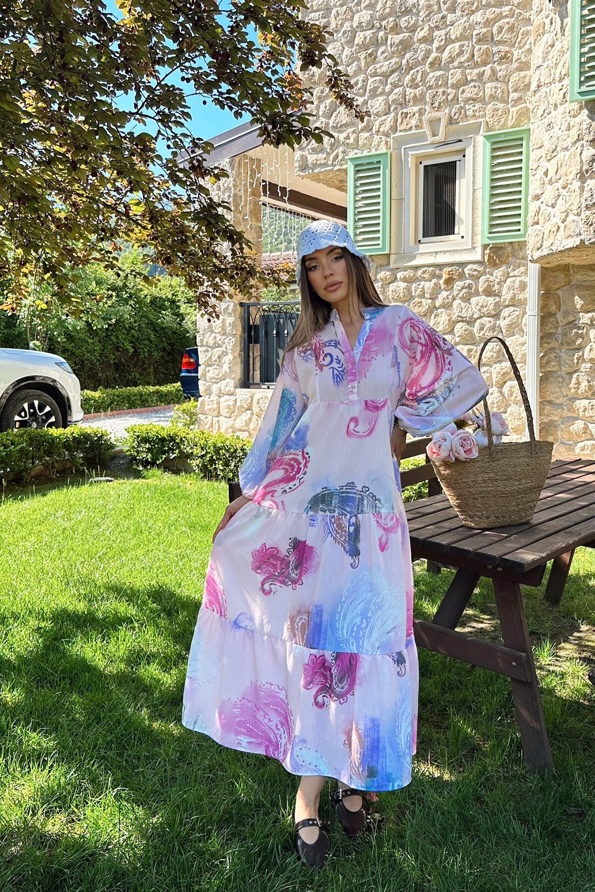 Pembe Renk Bloklu Hakim Yaka Yarım Patlı Maxi Boy Keten Elbise