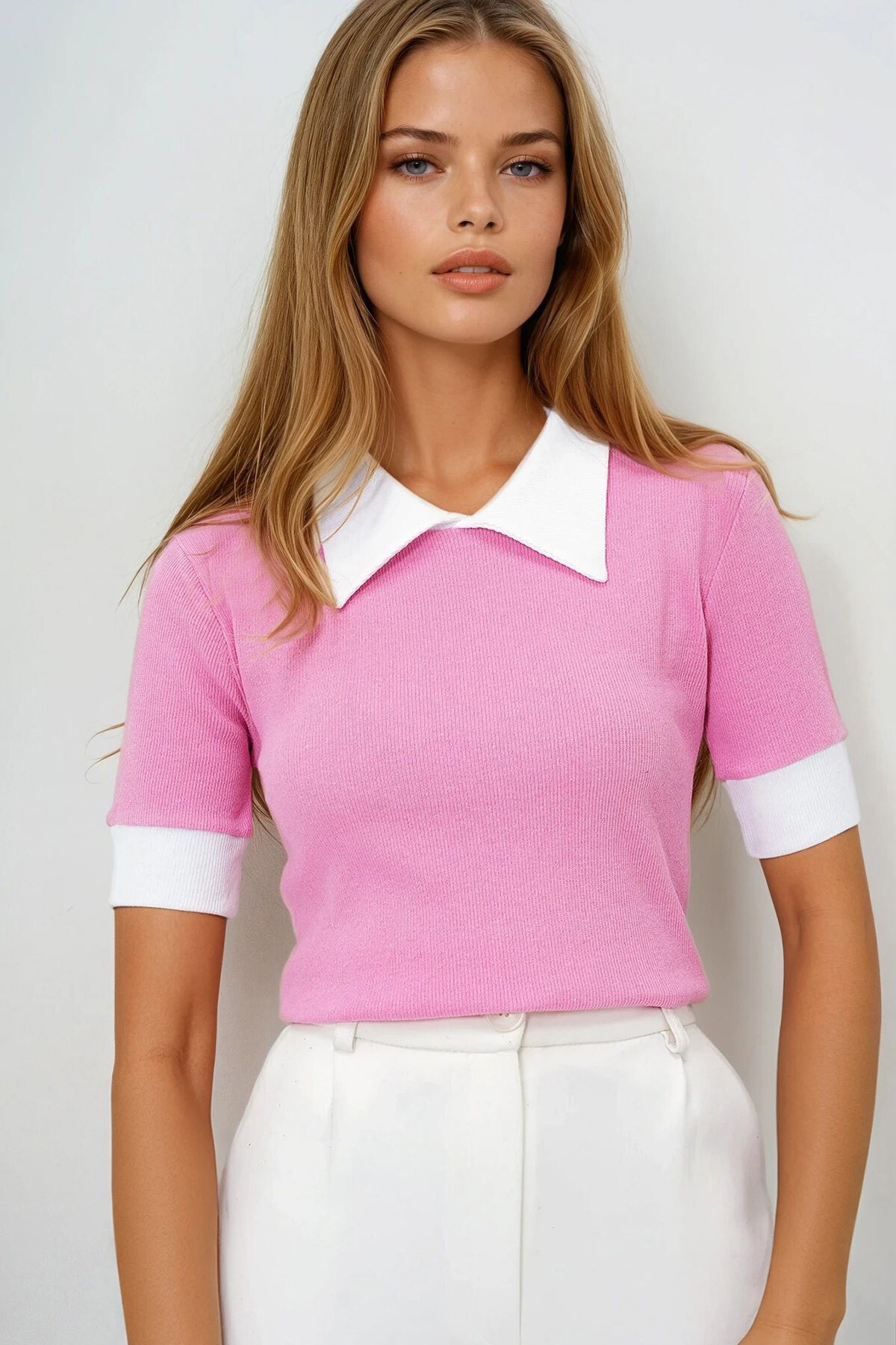 Pembe Renk Bloklu Polo Yaka Kaşkorse Bluz