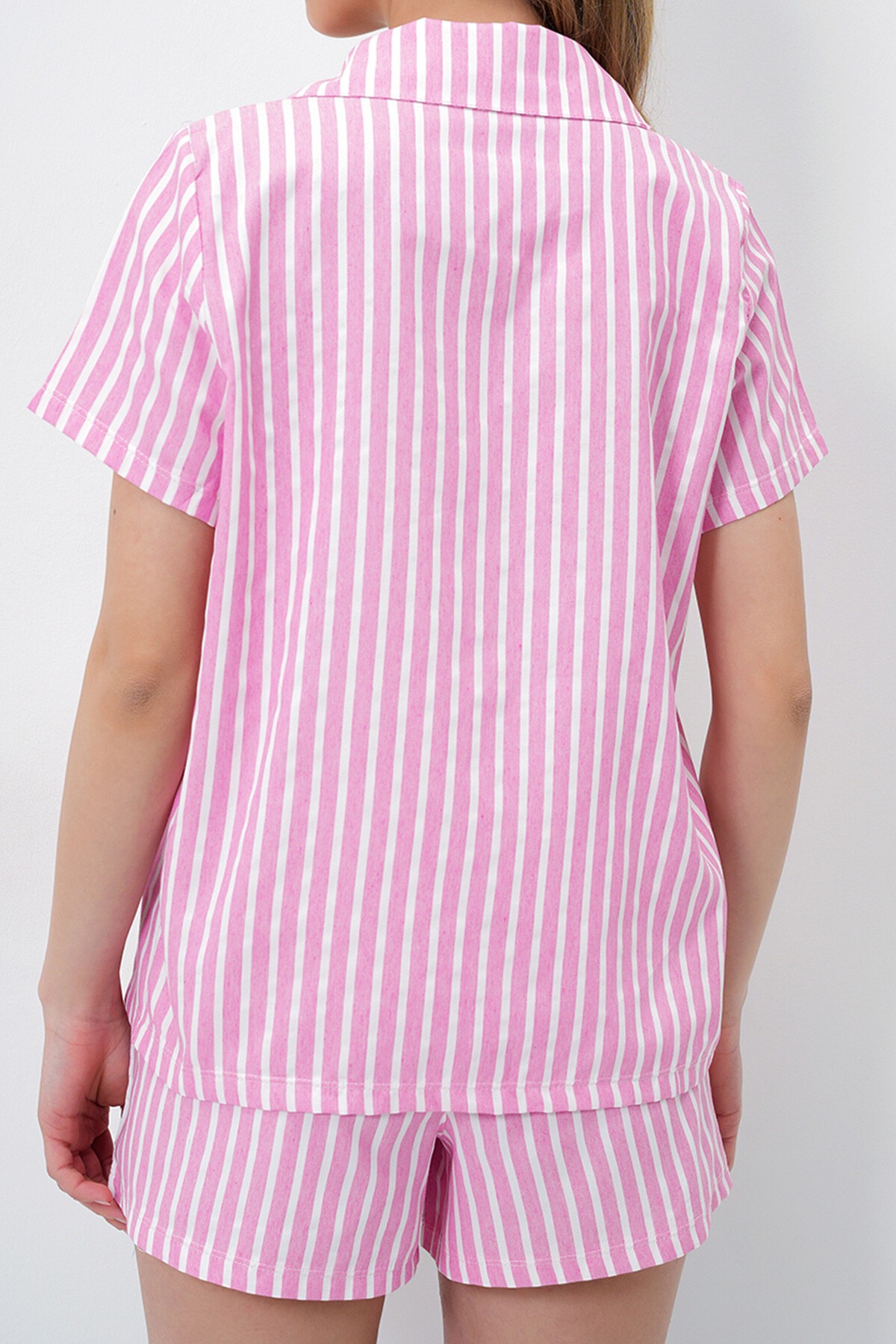 Pembe Yazlık Pamuk Örme Gömlek Ve Şort Pijama Takım