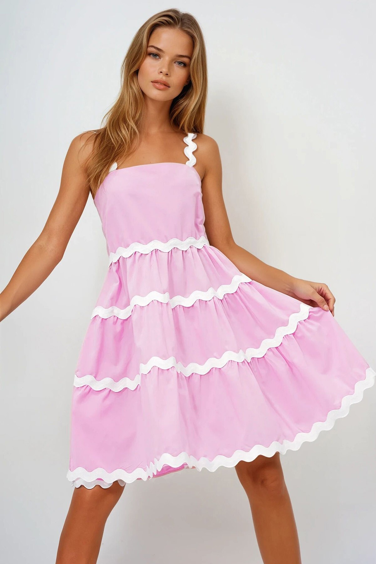 Pembe Zigzag Şerit Detaylı Gizli Fermuarlı Poplin Balon Elbise