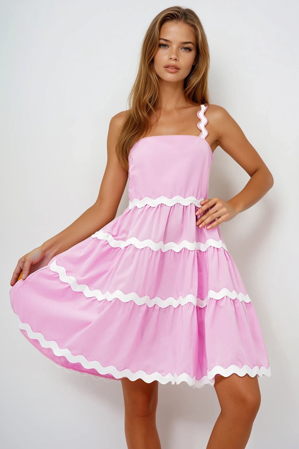 Pembe Zigzag Şerit Detaylı Gizli Fermuarlı Poplin Balon Elbise