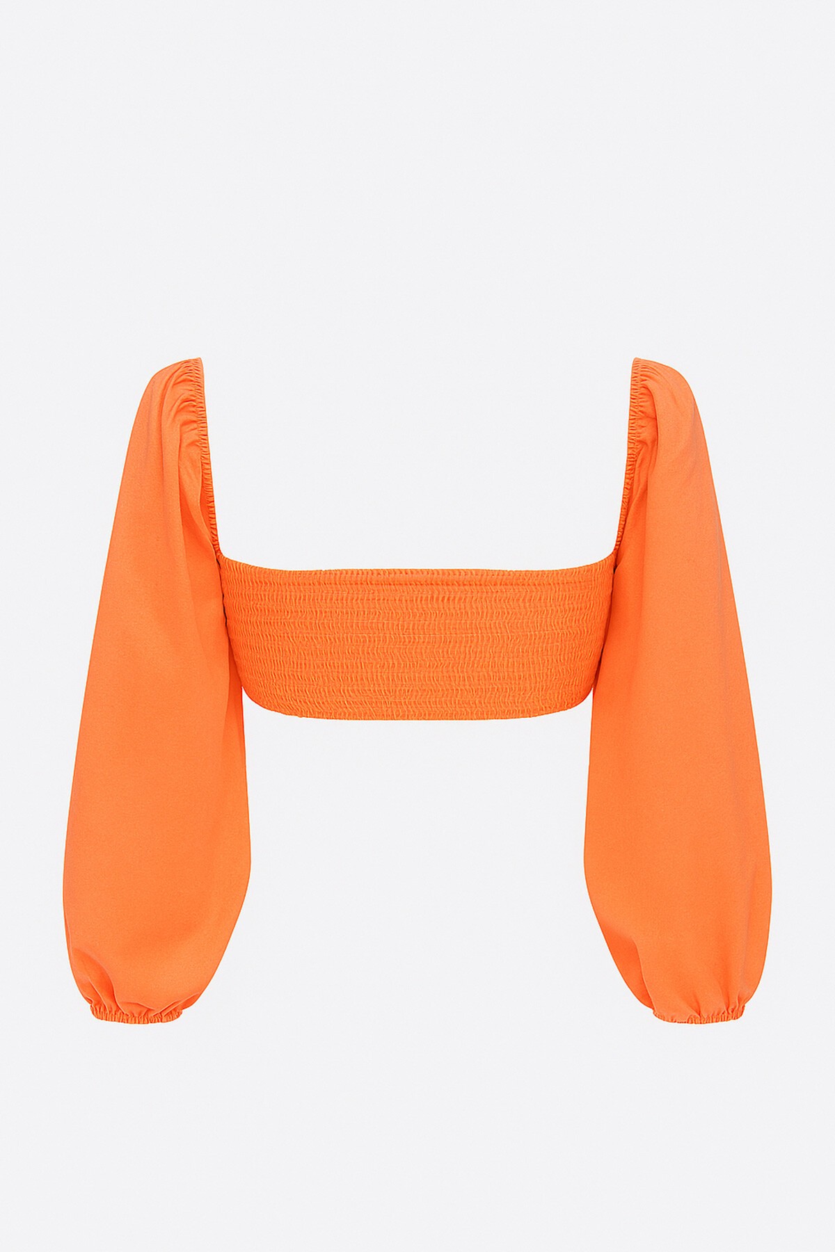 Turuncu Poplin Sırtı Gipeli Toka Detaylı Prenses Kol Crop Bluz