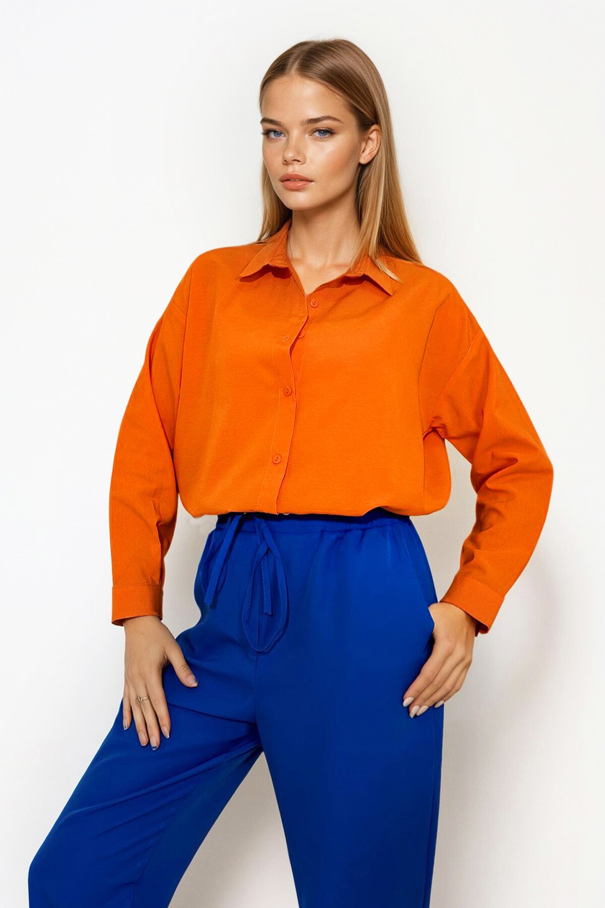 Portakal Oversize Uzun Dokuma Gömlek