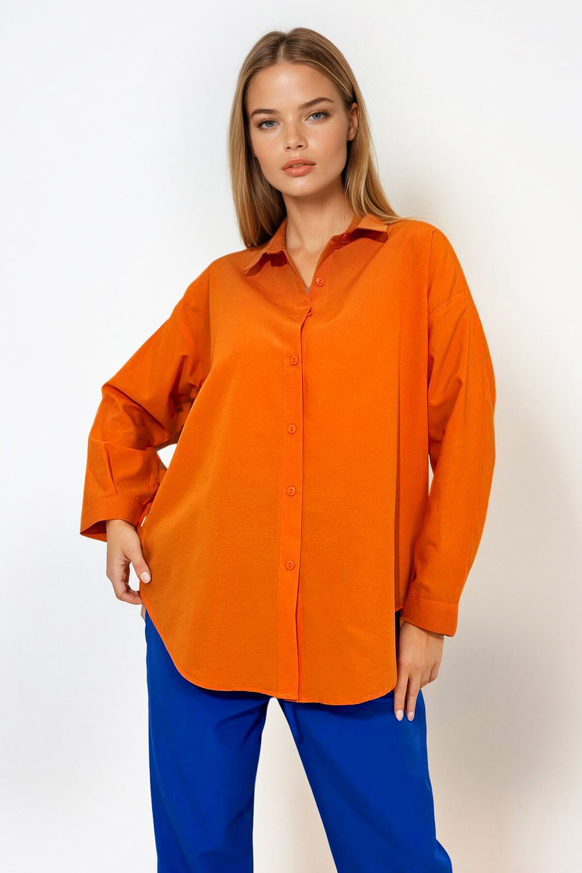 Portakal Oversize Uzun Dokuma Gömlek