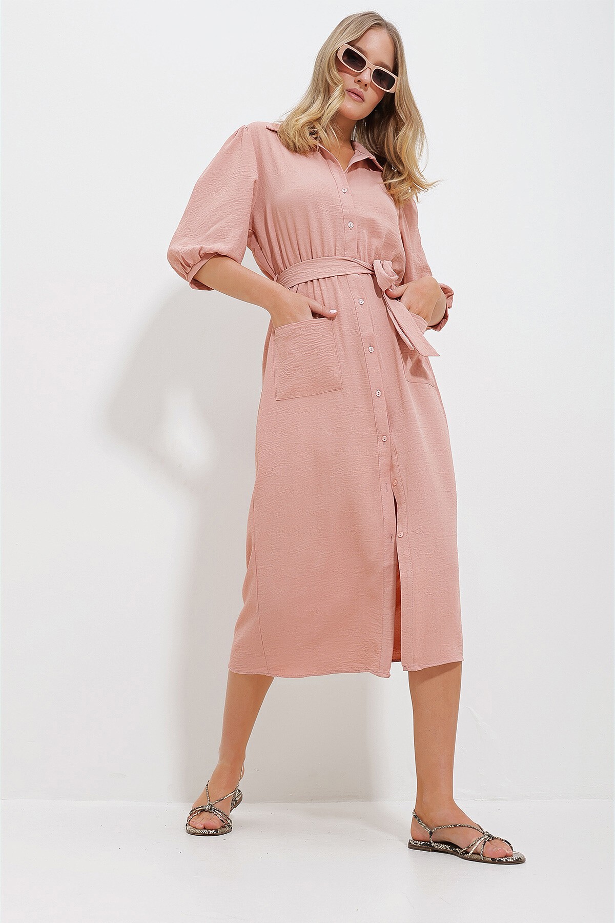 Pudra Çift Cepli Karpuz Kollu Aerobin Gömlek Elbise