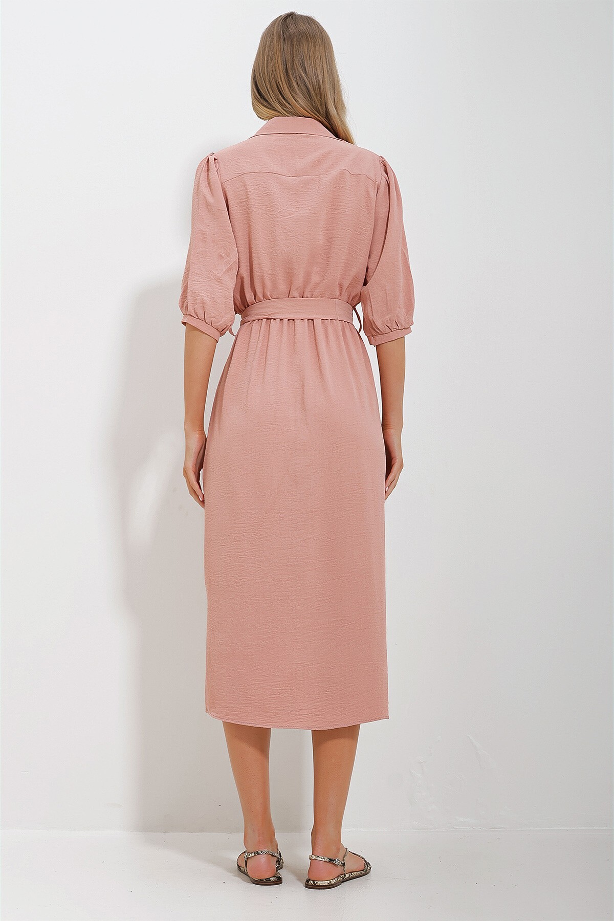 Pudra Çift Cepli Karpuz Kollu Aerobin Gömlek Elbise