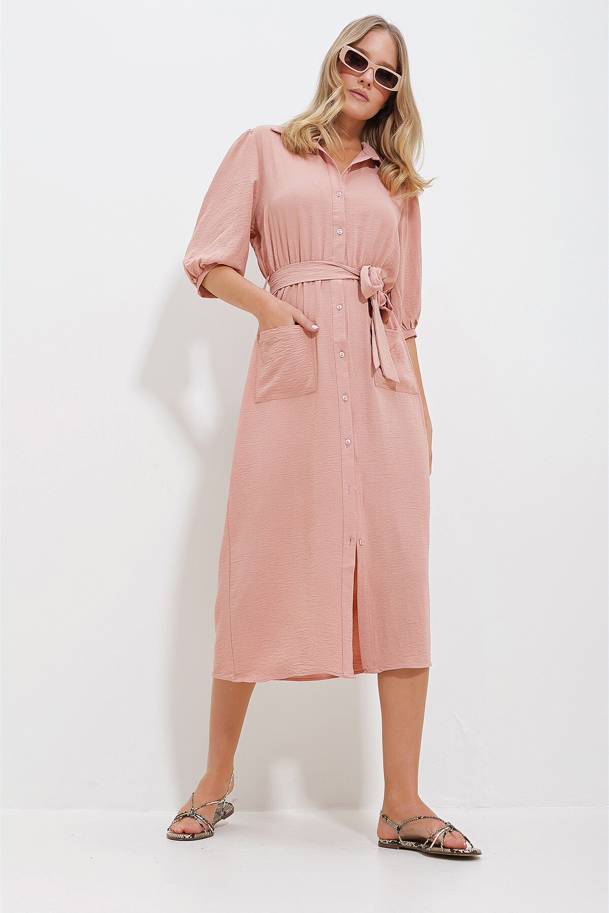 Pudra Çift Cepli Karpuz Kollu Aerobin Gömlek Elbise