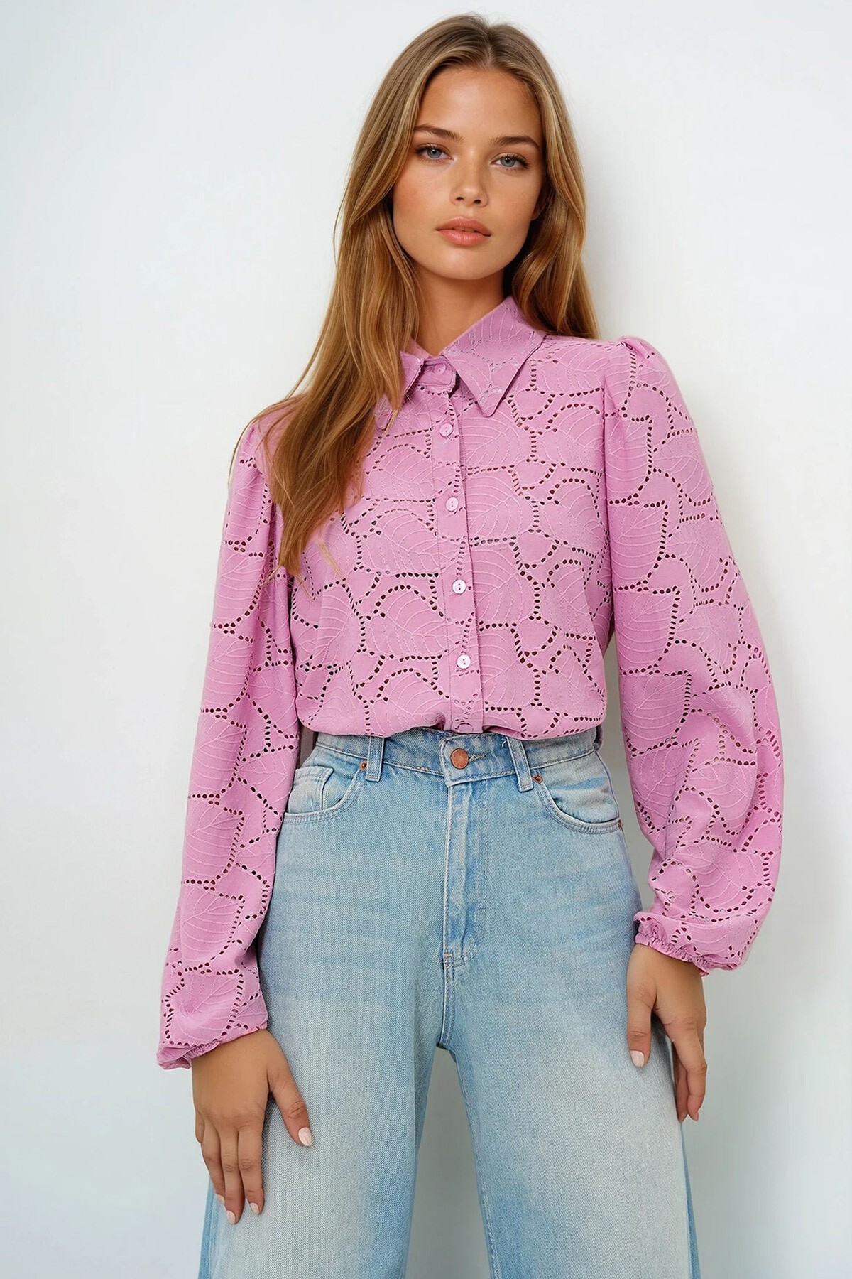 Pudra Güpür Dokuma Premıum Gömlek