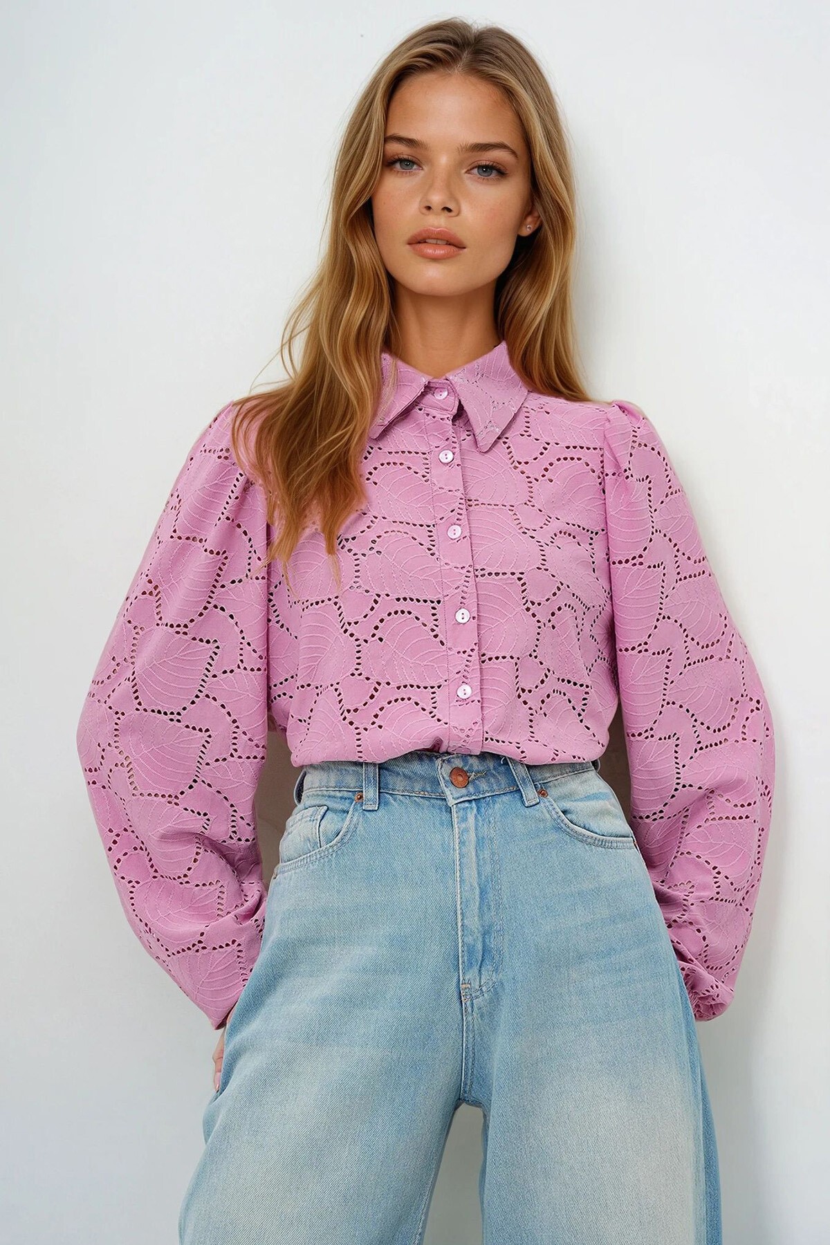 Pudra Güpür Dokuma Premıum Gömlek