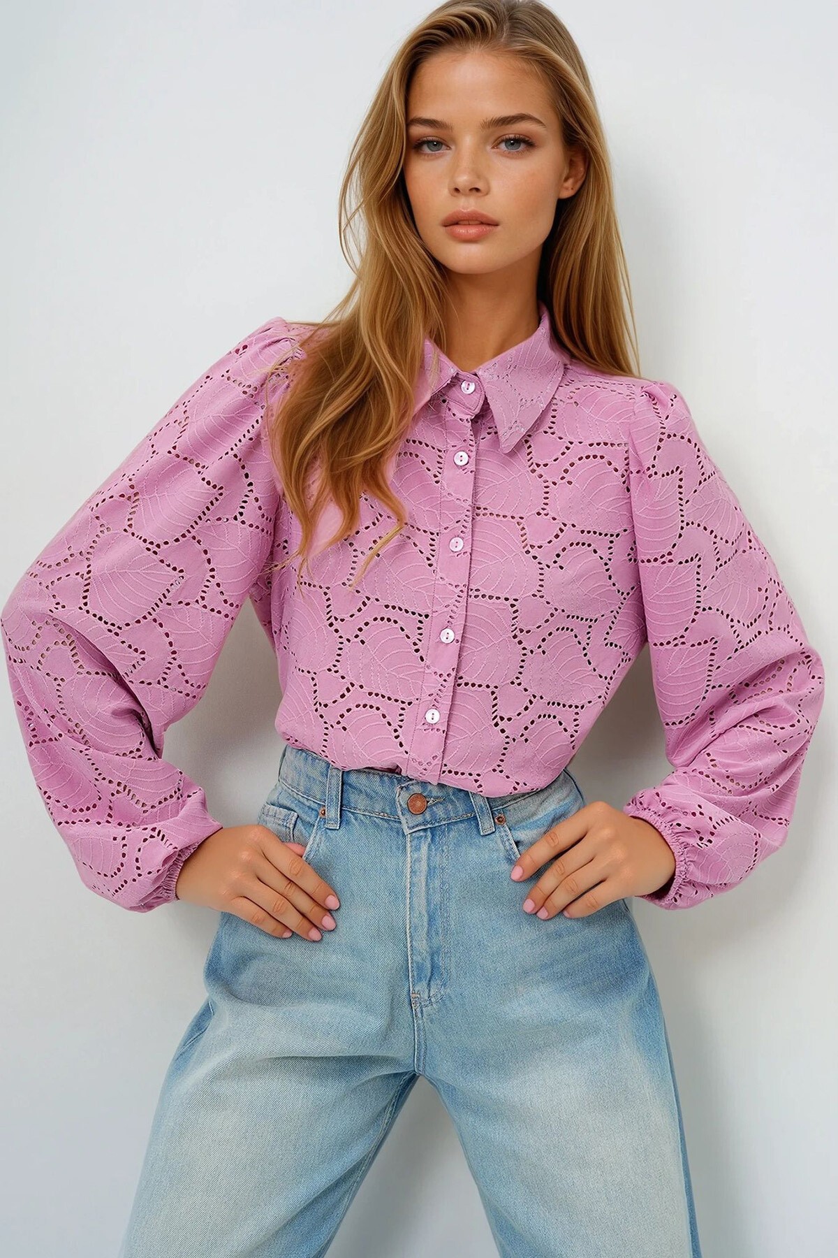 Pudra Güpür Dokuma Premıum Gömlek