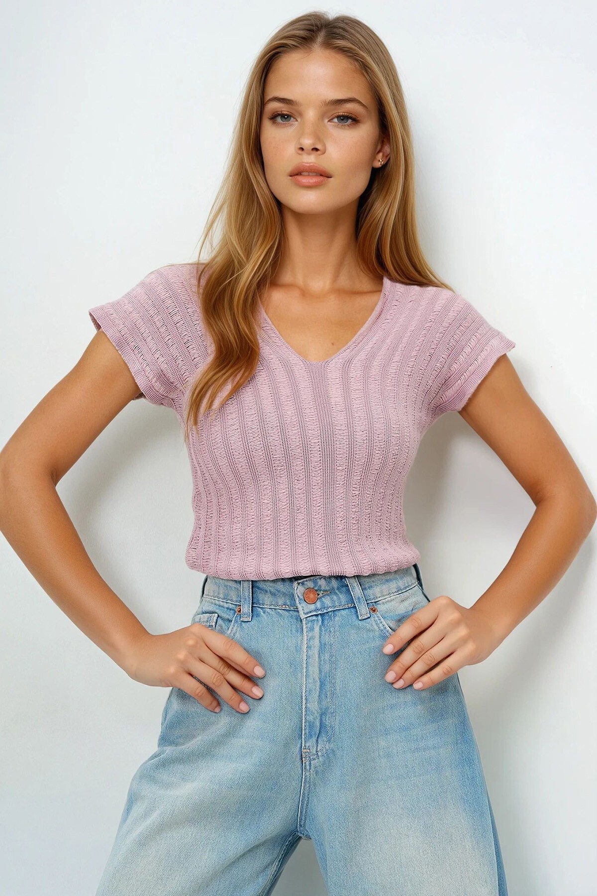 Pudra Ön Arka V Yaka Ajurlu Yazlık Triko Bluz