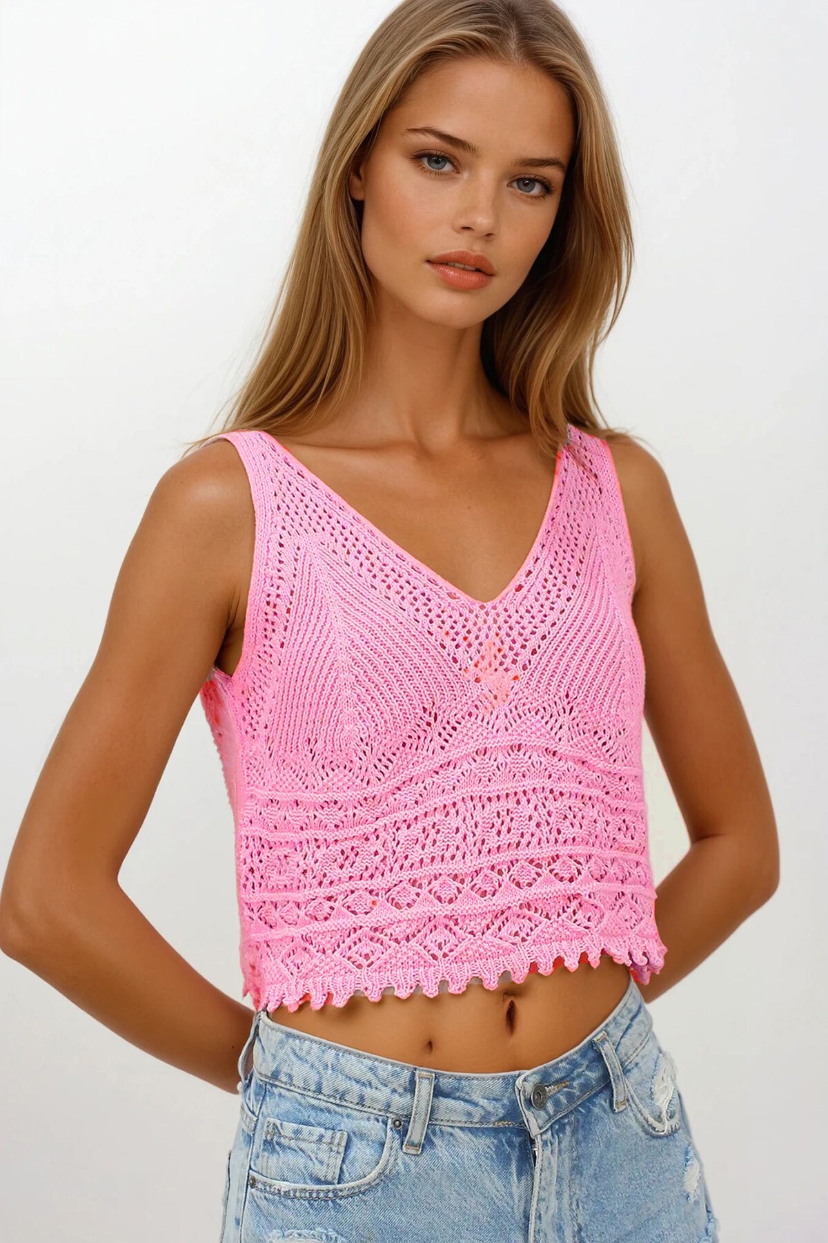Pudra Pembe Askılı Ajurlu Örme Crop Bluz