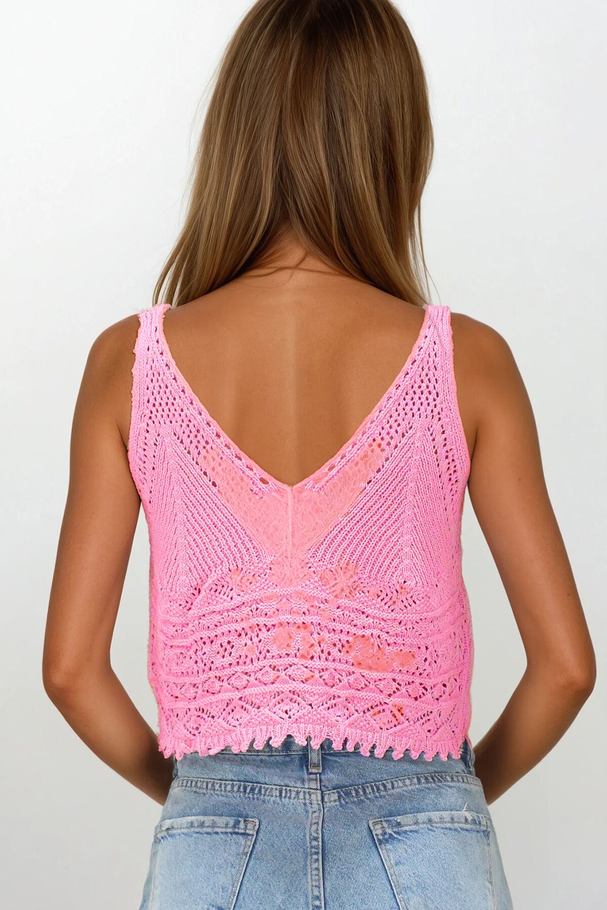 Pudra Pembe Askılı Ajurlu Örme Crop Bluz