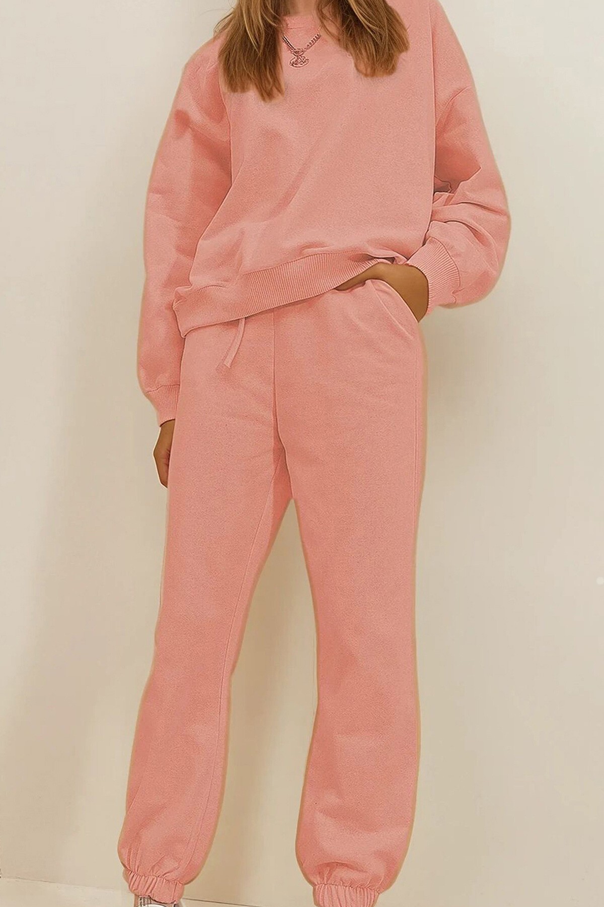 Pudra Pembe Bisiklet Yaka Beli Ve Paçası Lastikli İki İplik Basic Eşofman Takımı