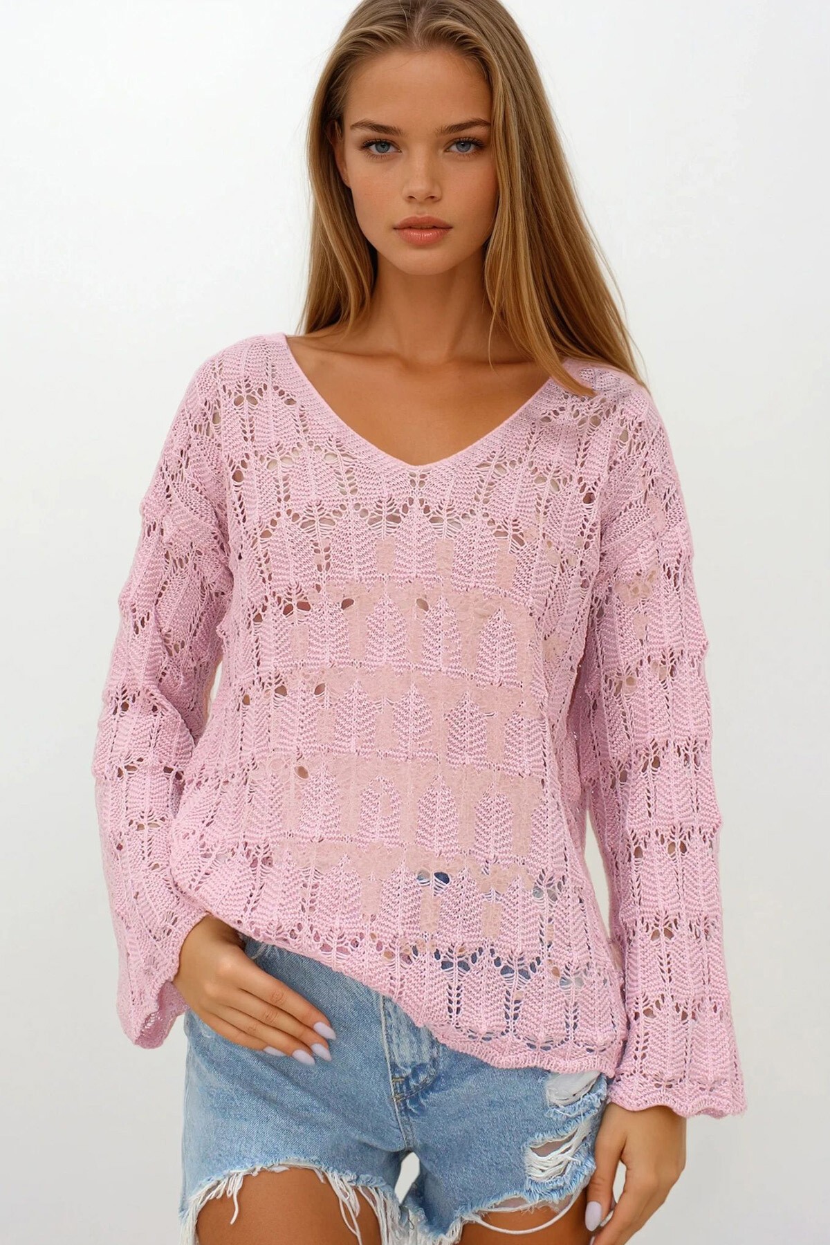 Pudra Pembe V Yaka Ajurlu Bluz