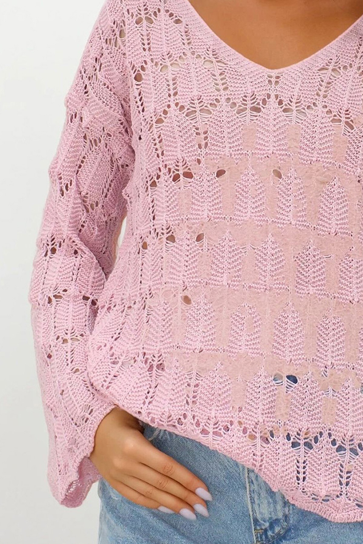 Pudra Pembe V Yaka Ajurlu Bluz