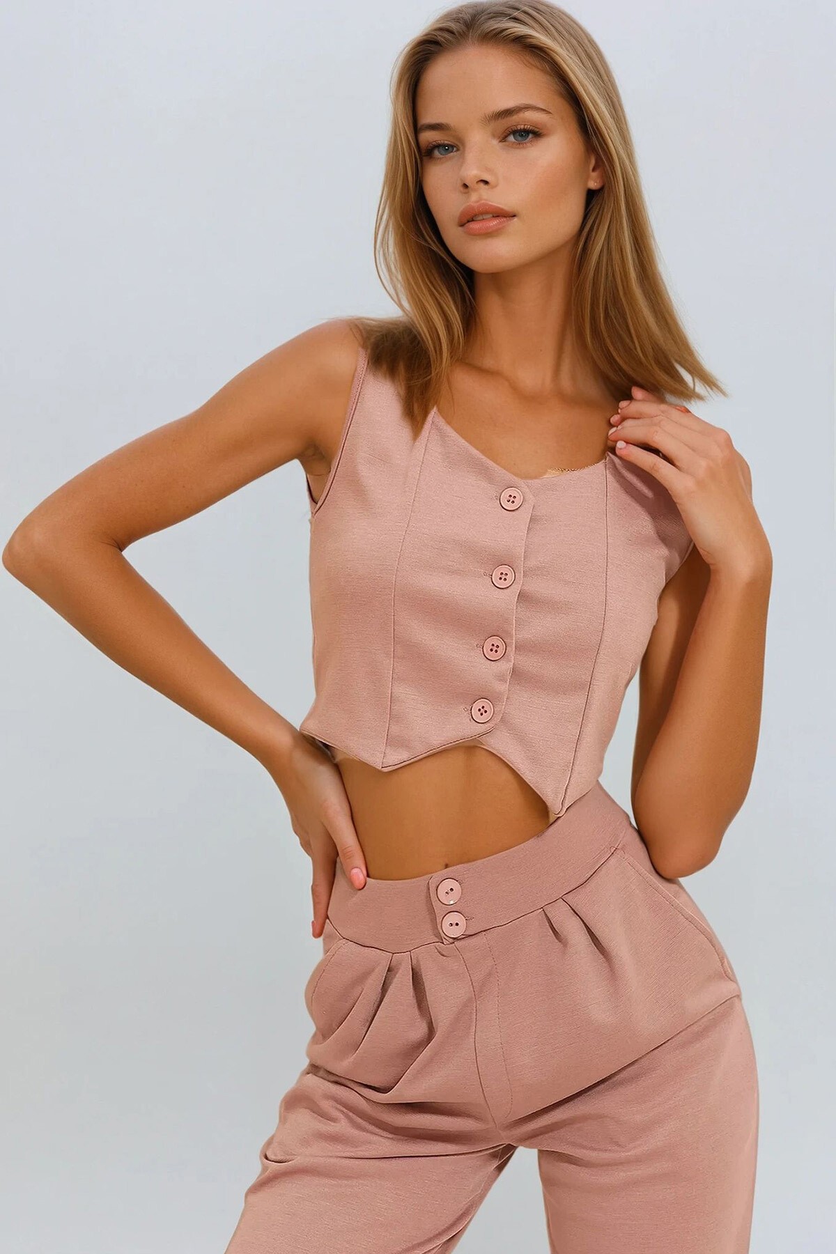 Pudra Pembesi Kalp Yaka Düğmeli Crop Yelek