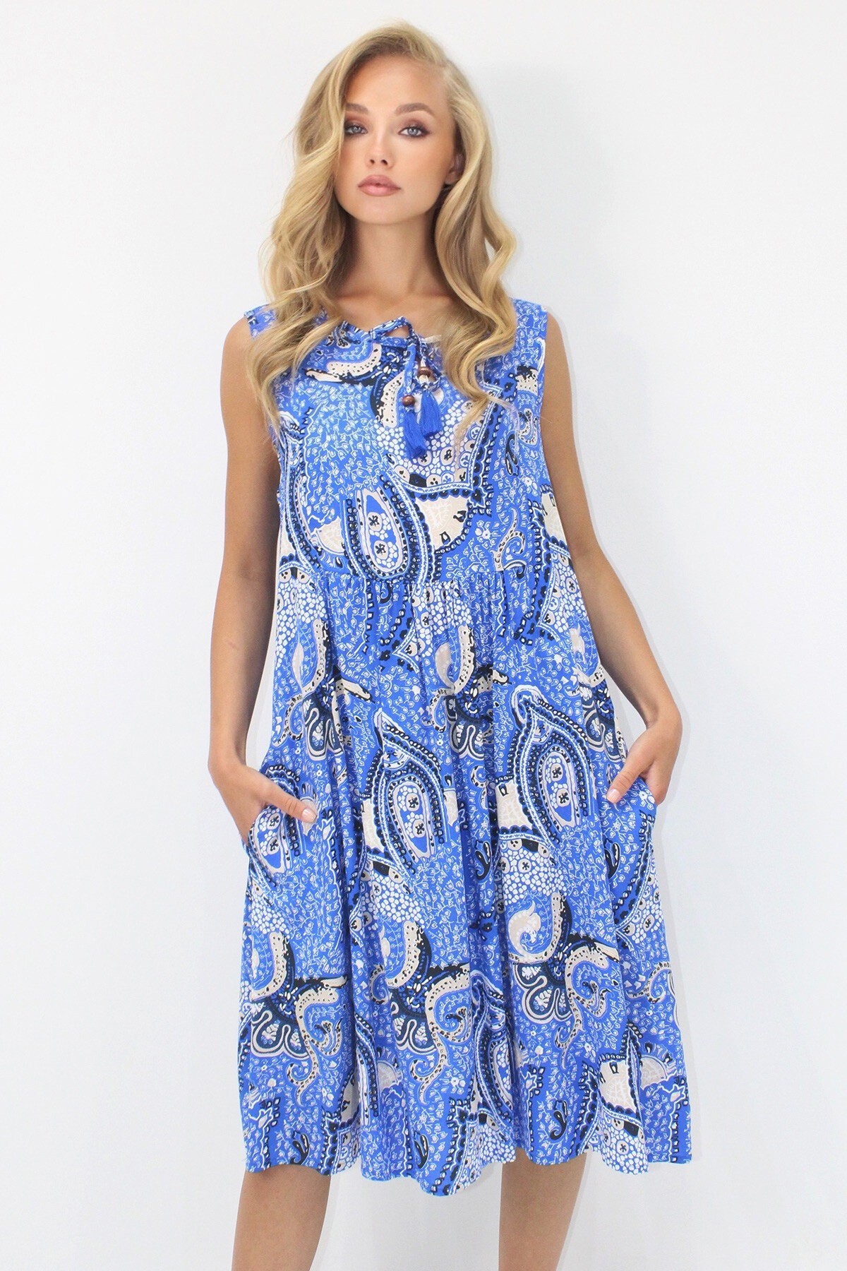 Saks Bisiklet Yaka Bağlama Detaylı Desenli Çift Cepli Dokuma Viskon Elbise