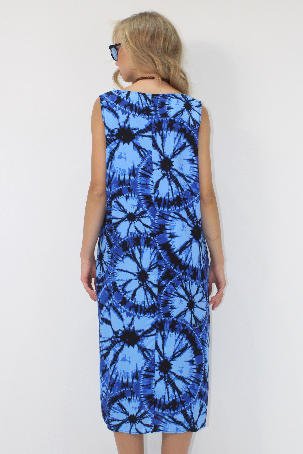 Saks Bisiklet Yaka Çift Cepli Batik Desenli A Form Midi Boy Dokuma Viskon Elbise