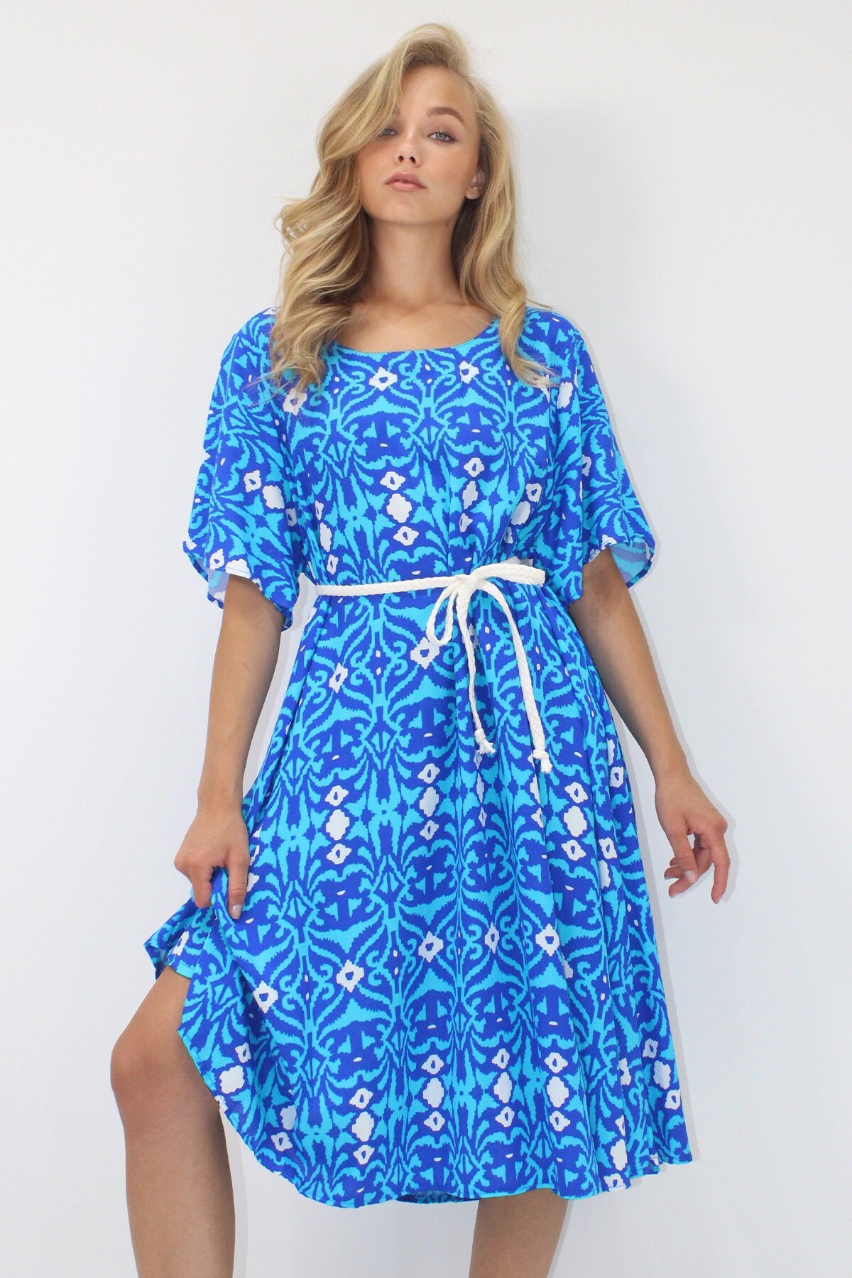 Saks Bisiklet Yaka Desenli Rahat Kalıp Dokuma Viskon Elbise