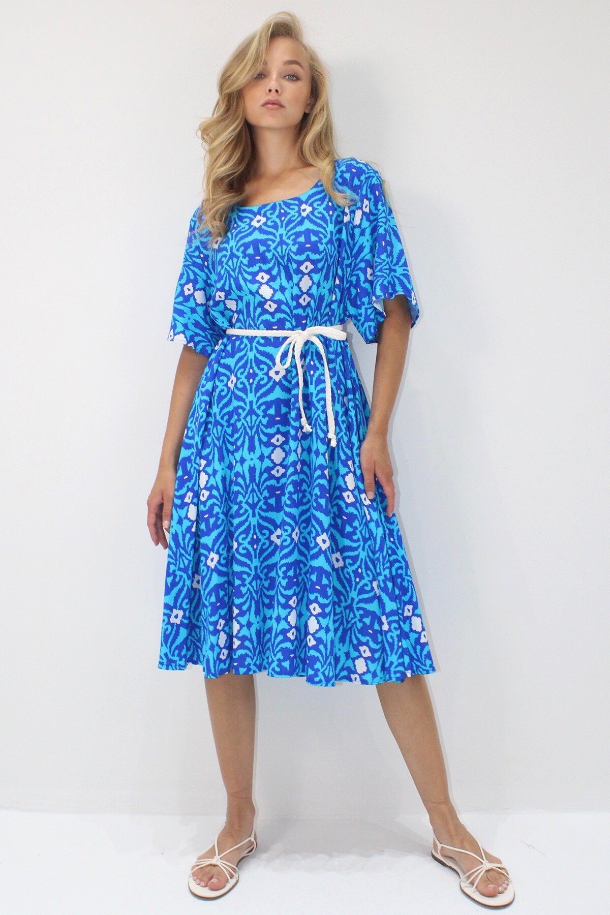 Saks Bisiklet Yaka Desenli Rahat Kalıp Dokuma Viskon Elbise