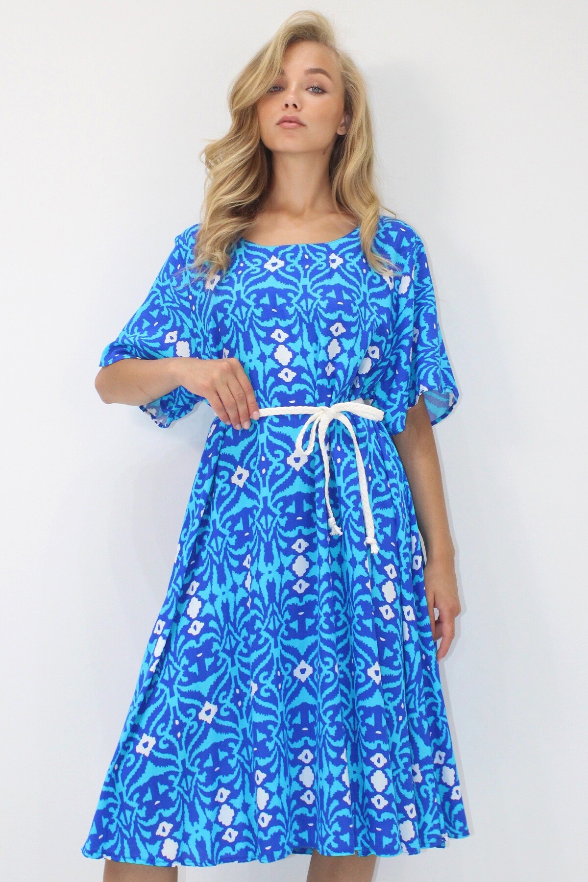 Saks Bisiklet Yaka Desenli Rahat Kalıp Dokuma Viskon Elbise