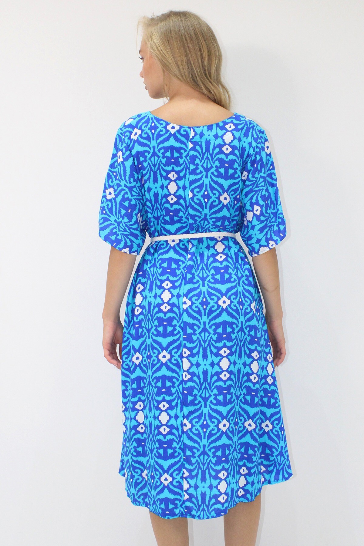 Saks Bisiklet Yaka Desenli Rahat Kalıp Dokuma Viskon Elbise