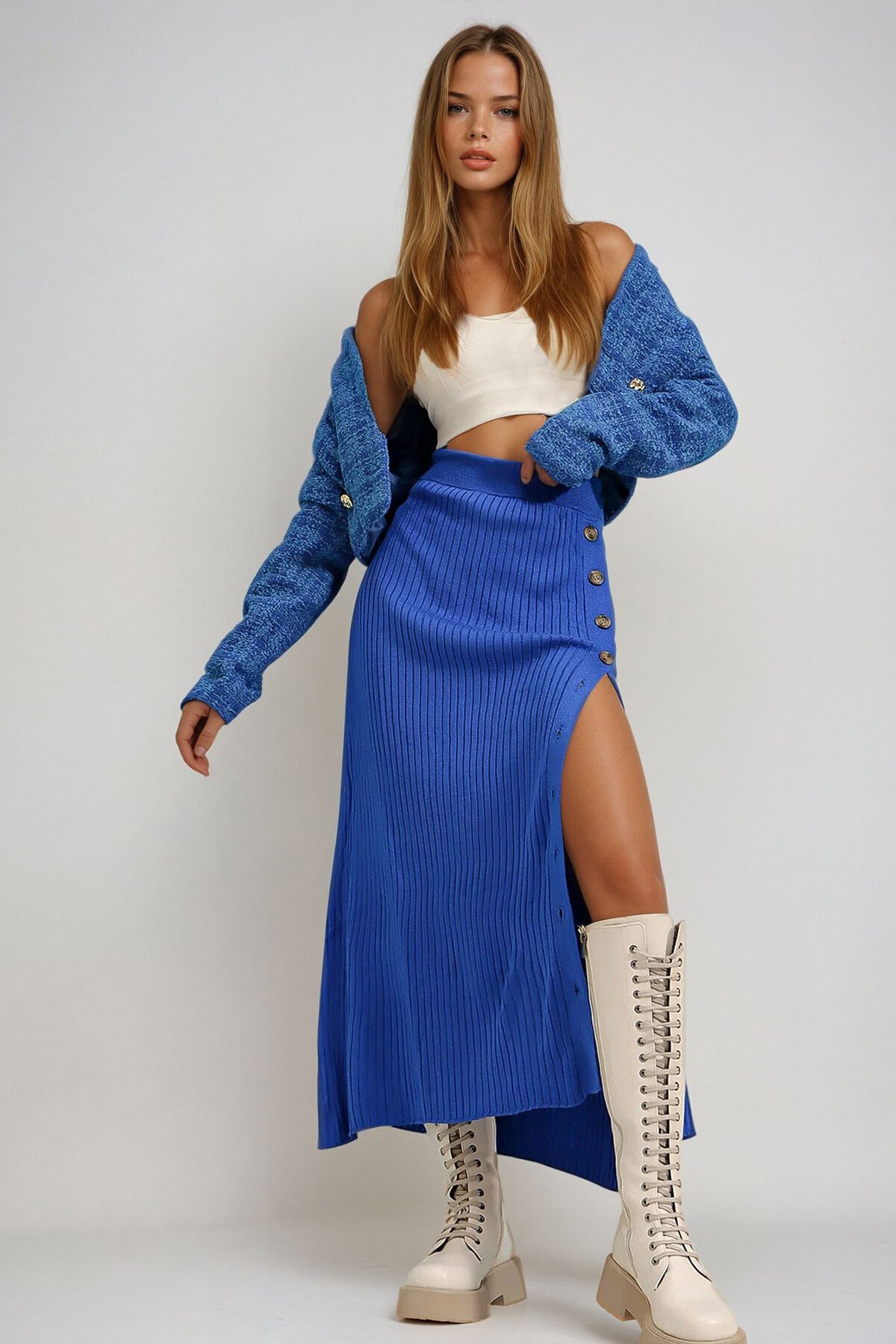 Saks Düğme Detaylı Triko Etek