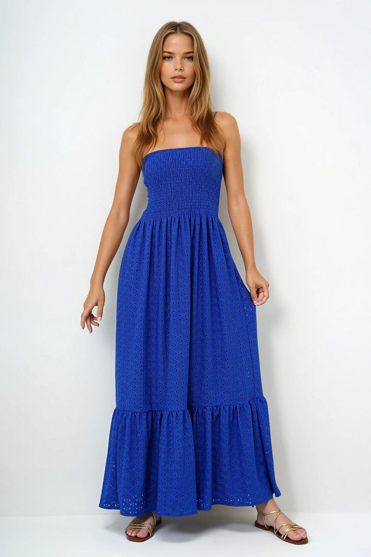 Saks Gipeli İçi Astarlı Güpür Straplez Elbise