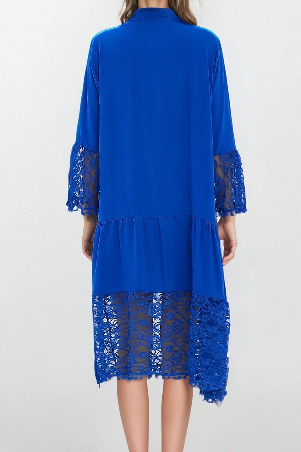 Saks Hakim Yaka Önü Düğmeli Dantelli Viskon Elbise