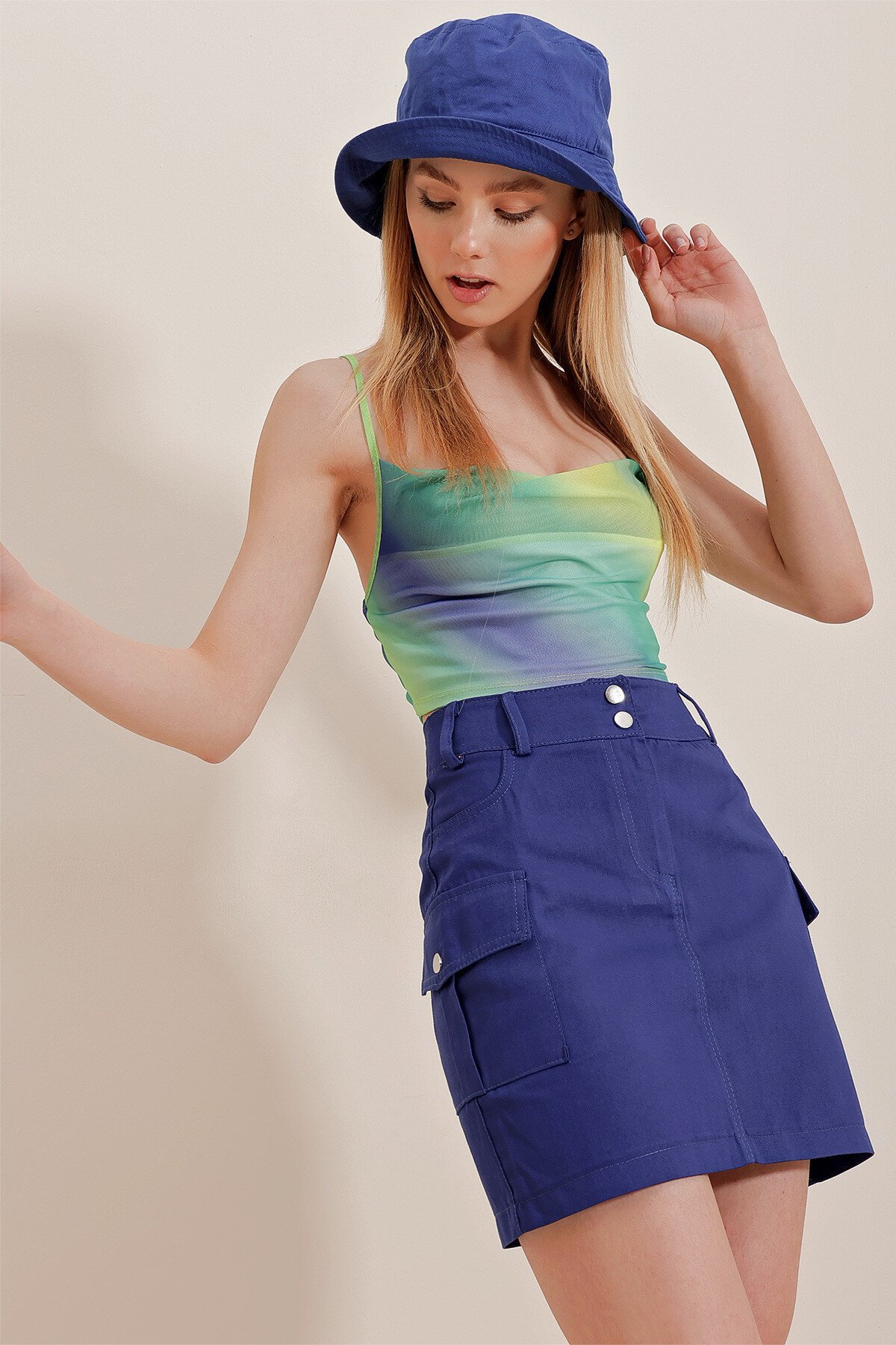 Saks Kargo Cepli Gabardin Mini Etek