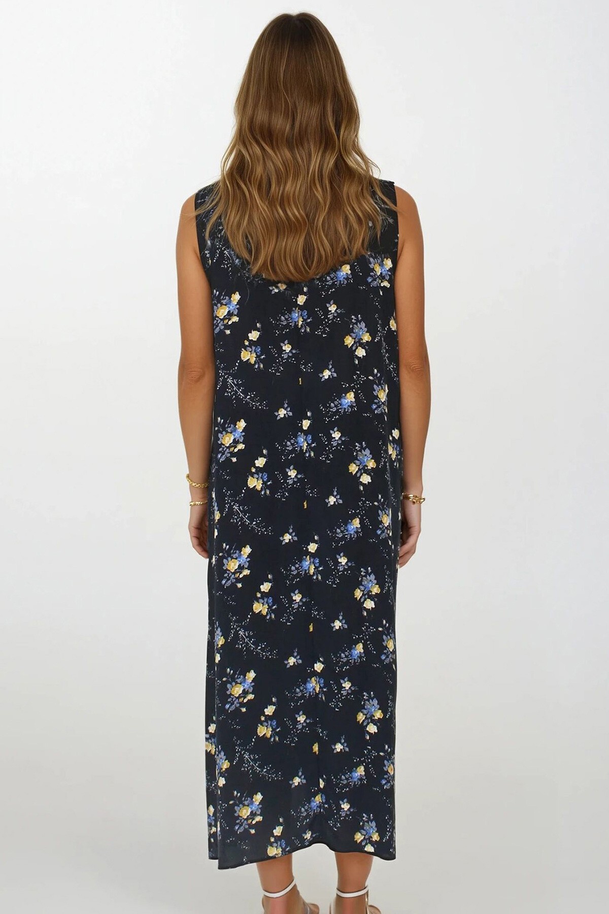 Sarı Aksesuar Detaylı Desenli Maxi Boy Çift Cepli Elbise Elbise