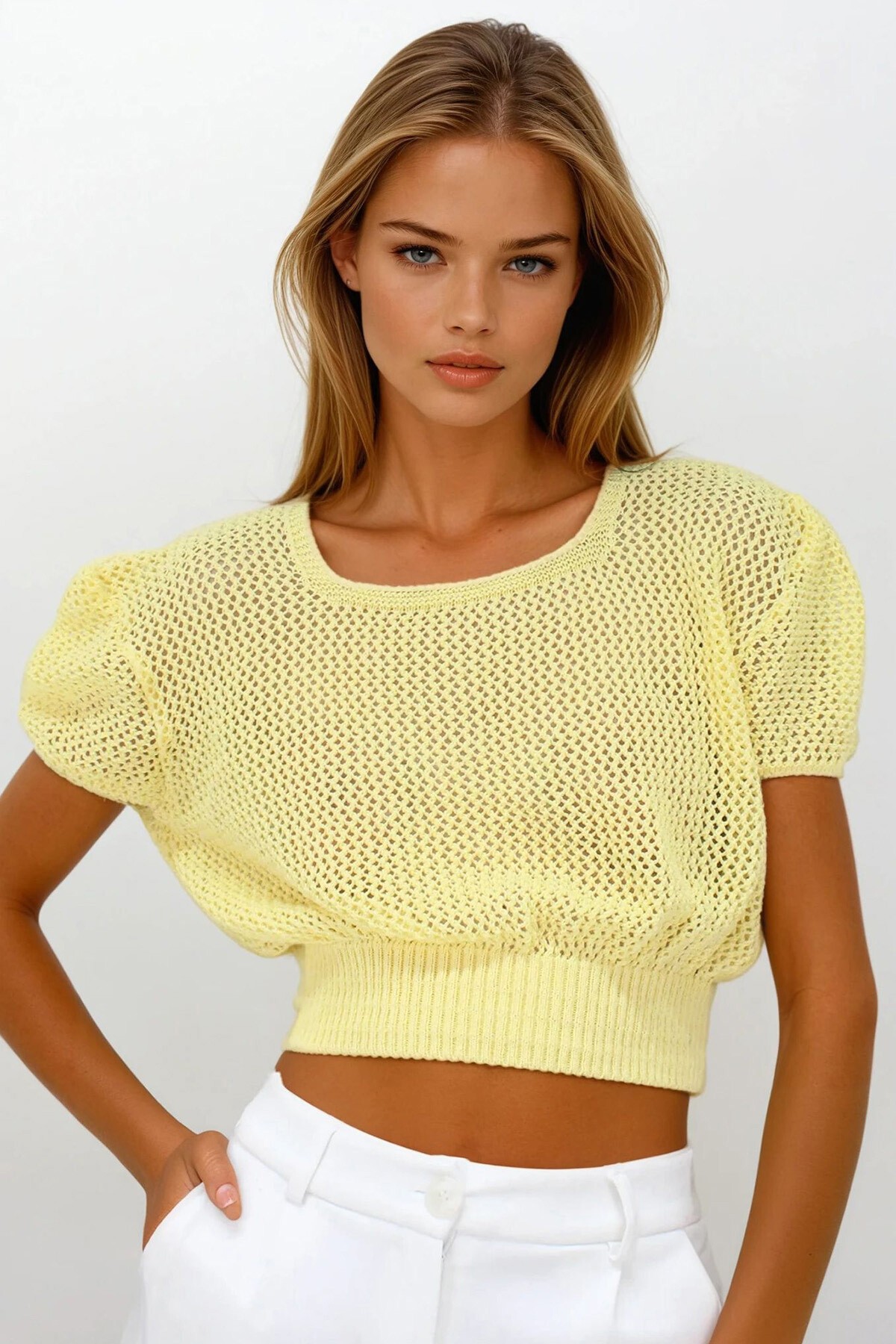 Sarı Beli Gipeli Ajurlu Crop Bluz