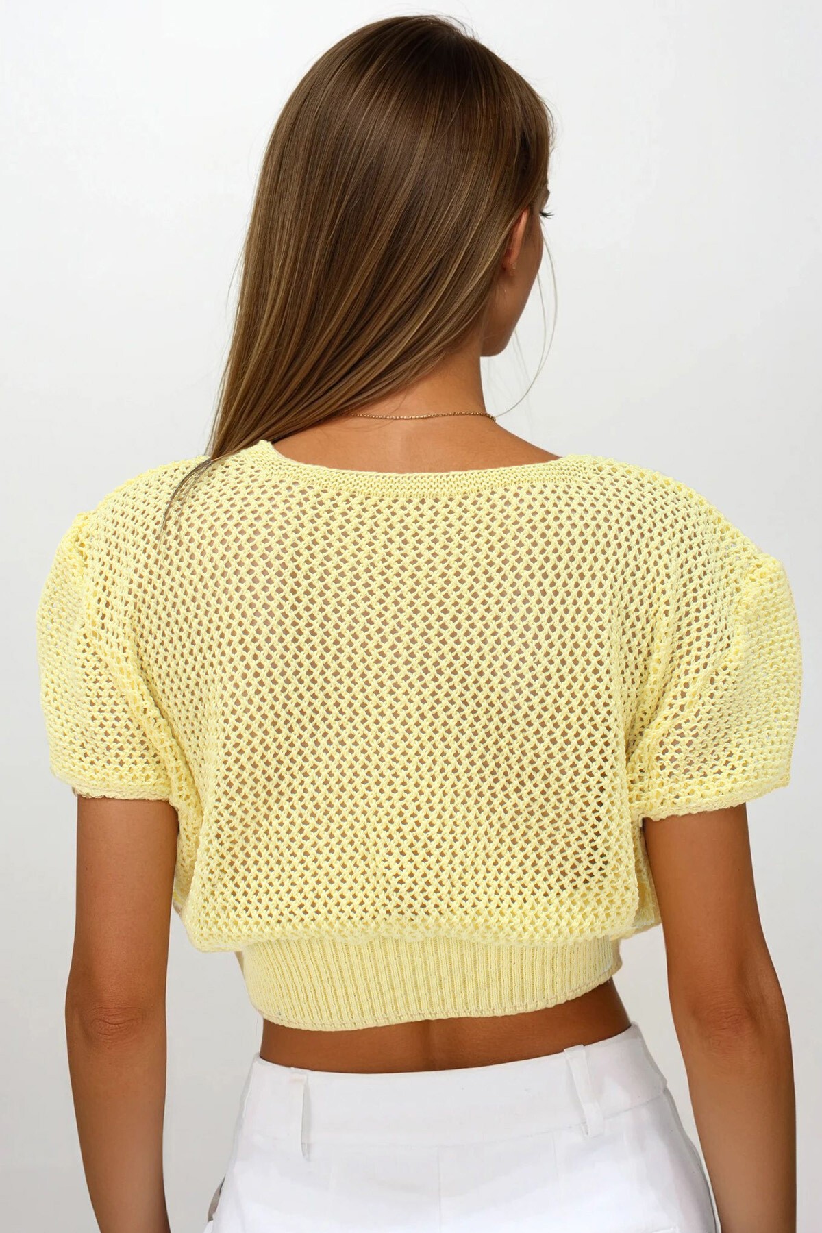 Sarı Beli Gipeli Ajurlu Crop Bluz