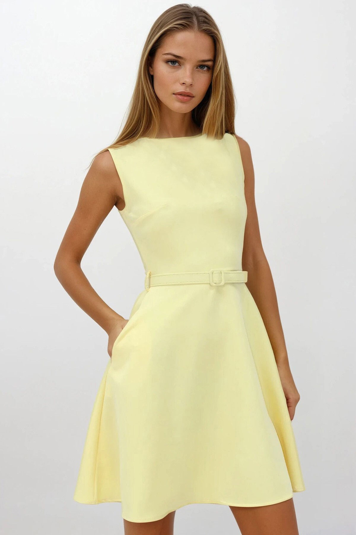 Sarı Bisiklet Yaka Fermuar Kapamalı Çift Cepli Kemerli Elbise