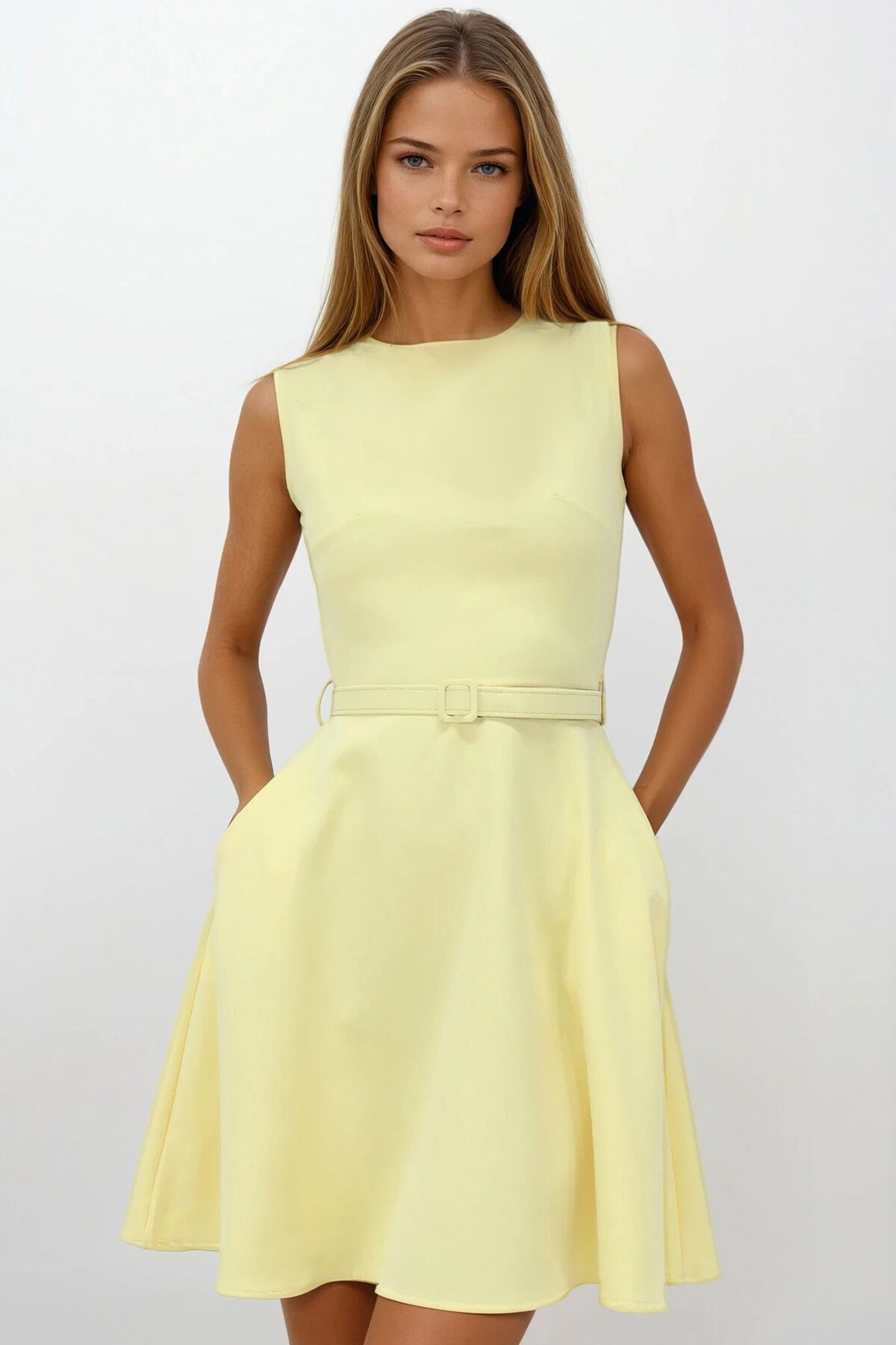 Sarı Bisiklet Yaka Fermuar Kapamalı Çift Cepli Kemerli Elbise