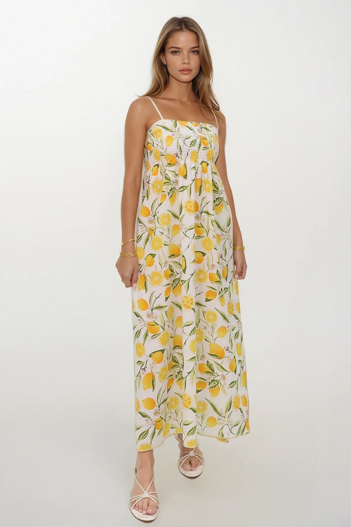 Sarı Çiçek Desenli İp Askılı Midi Boy Elbise