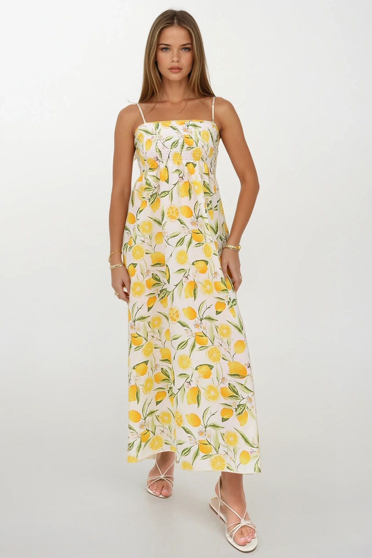 Sarı Çiçek Desenli İp Askılı Midi Boy Elbise