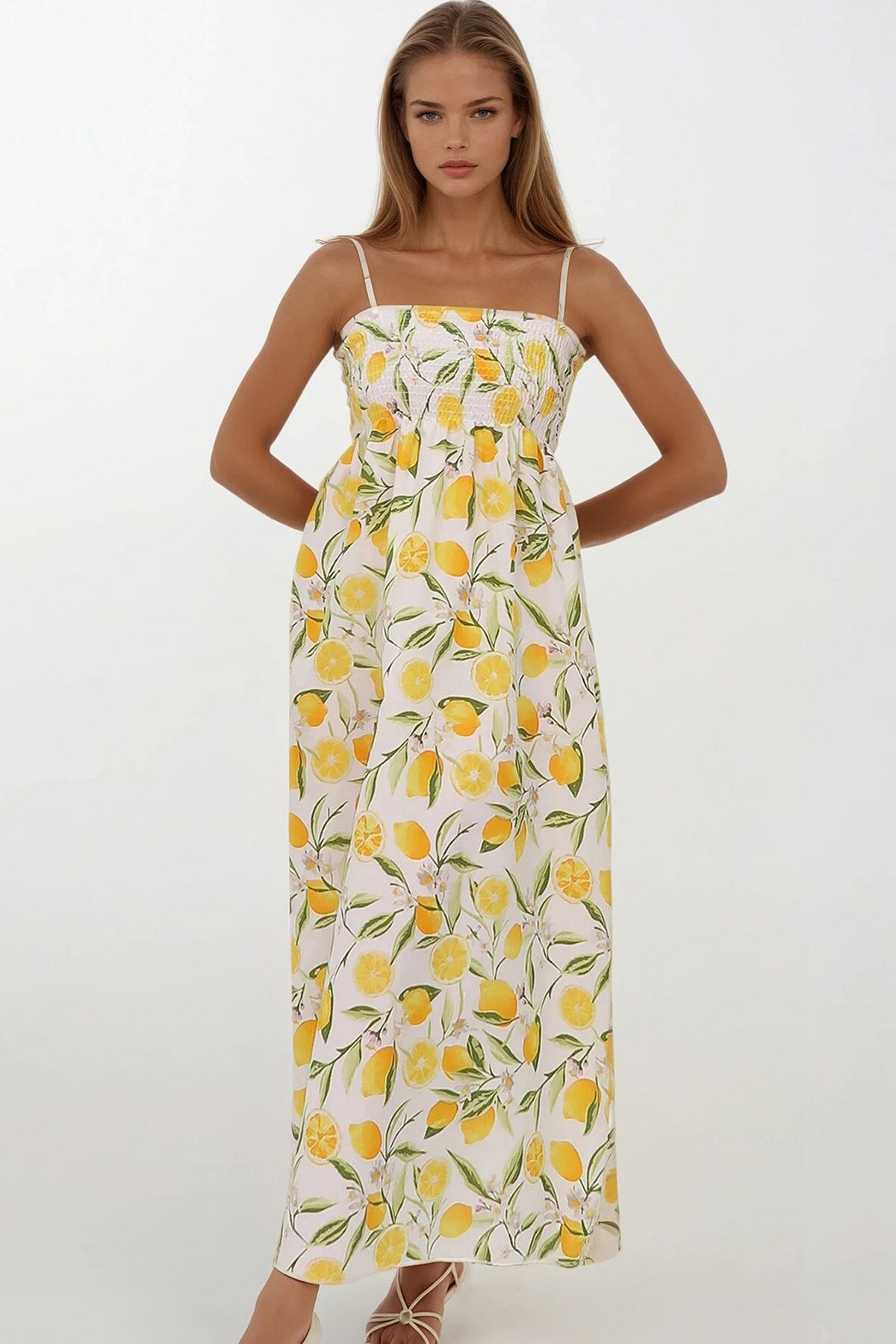 Sarı Çiçek Desenli İp Askılı Midi Boy Elbise