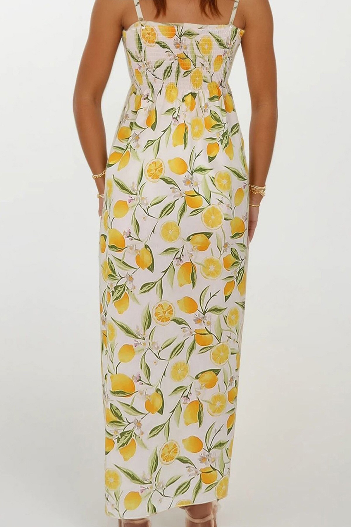 Sarı Çiçek Desenli İp Askılı Midi Boy Elbise