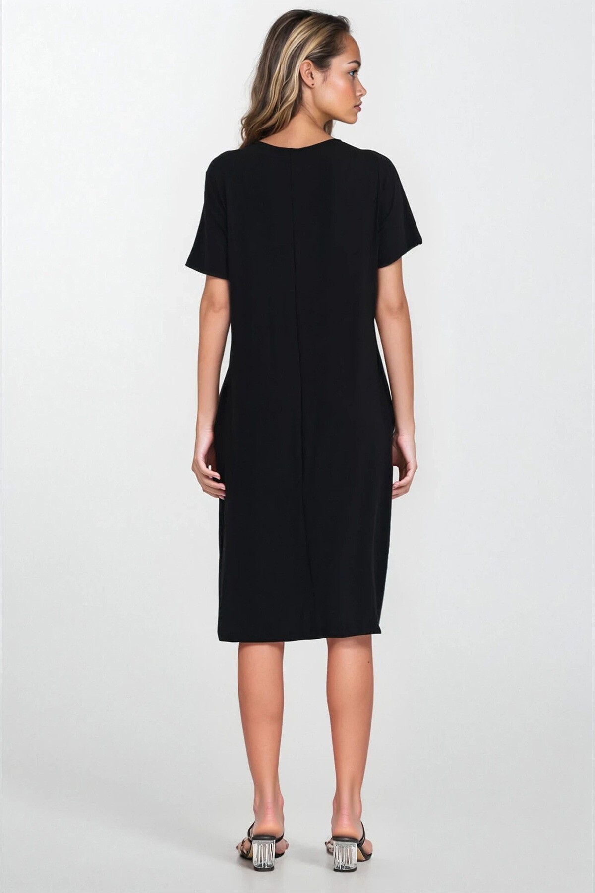 Sarı Kayık Yaka Kısa Kollu Büyük Bede Viskon Elbise