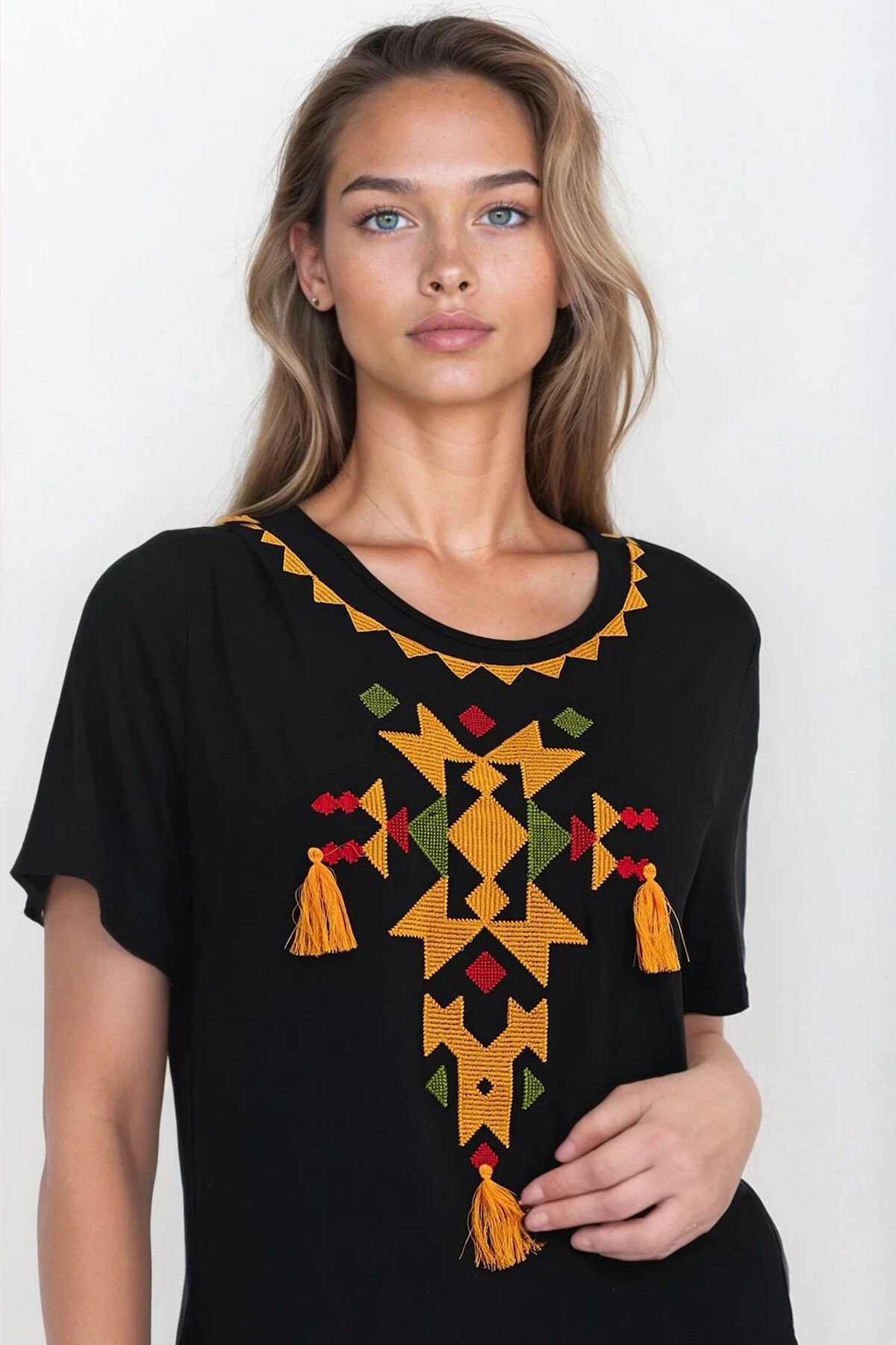 Sarı Kayık Yaka Kısa Kollu Büyük Bede Viskon Elbise