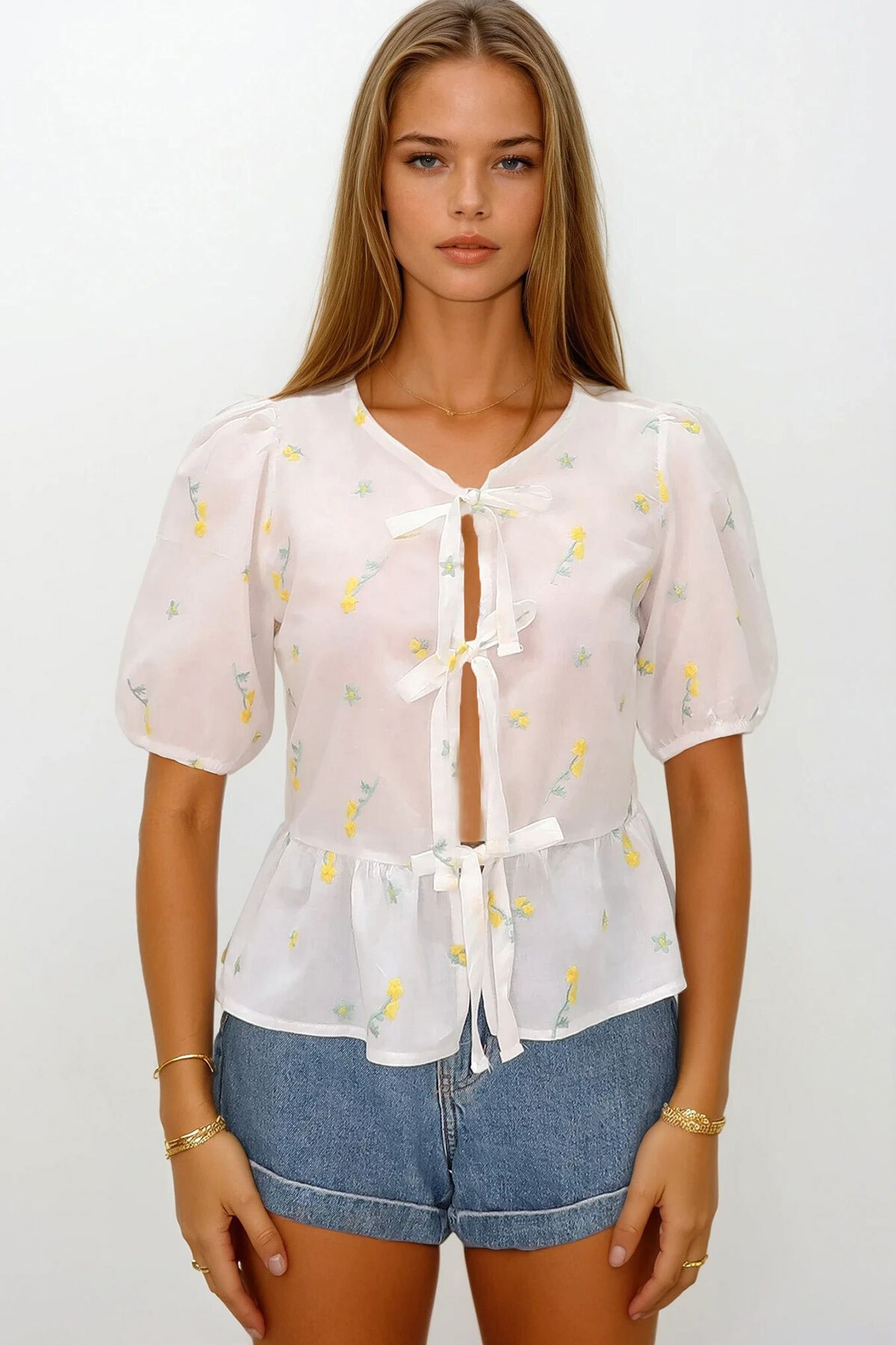 Sarı Kolları Lastikli Bağlamalı Çiçek Nakışlı Bluz