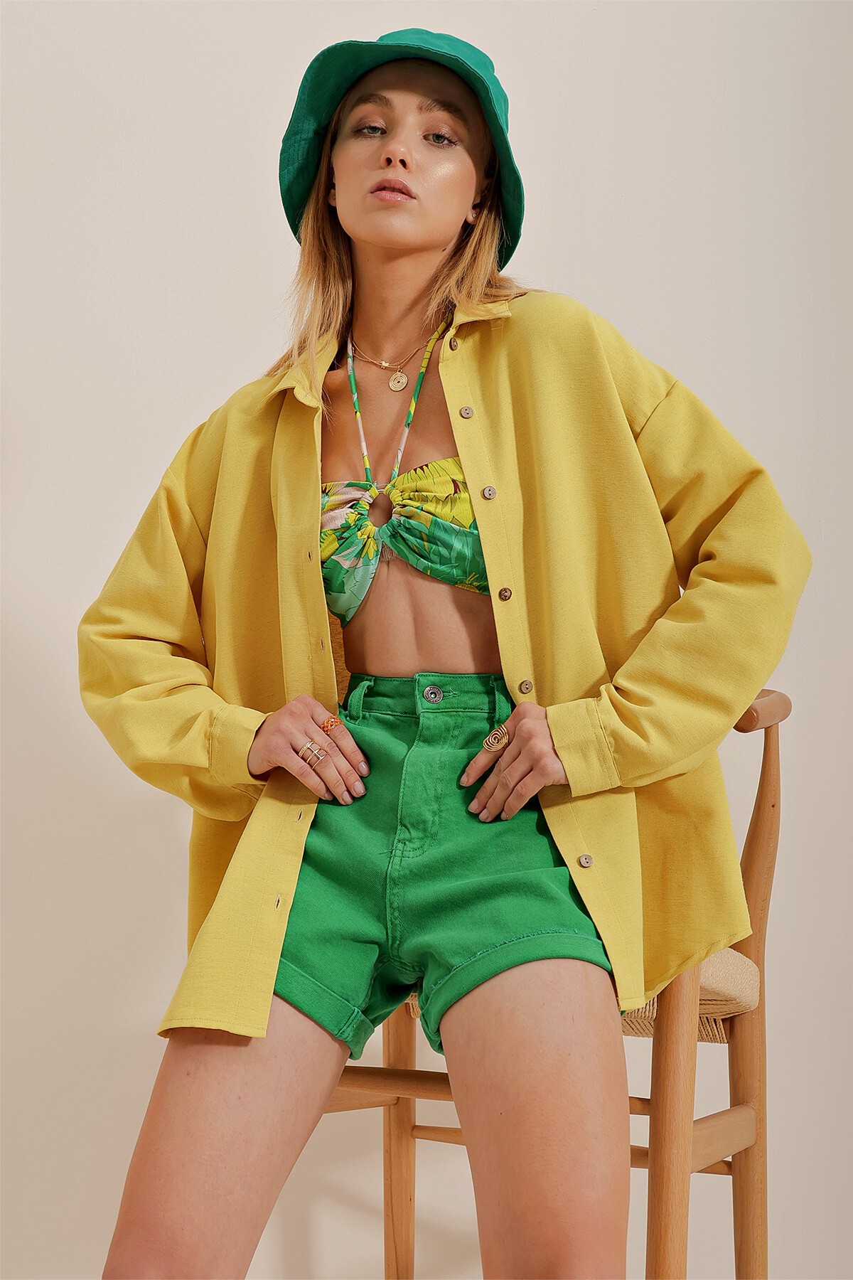 Sarı Oversize Keten Gömlek