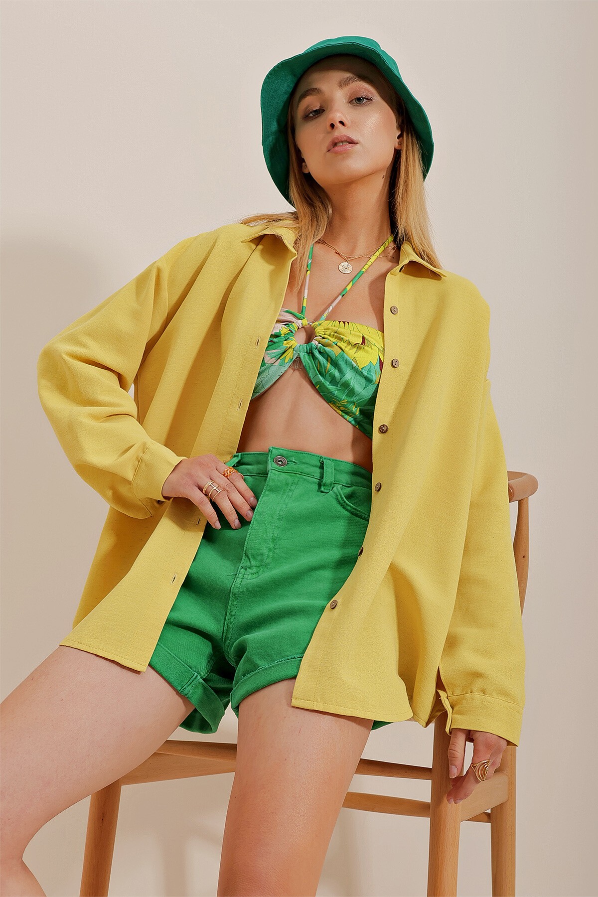 Sarı Oversize Keten Gömlek