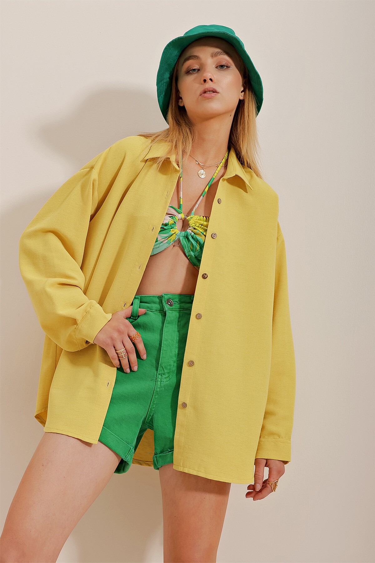 Sarı Oversize Keten Gömlek